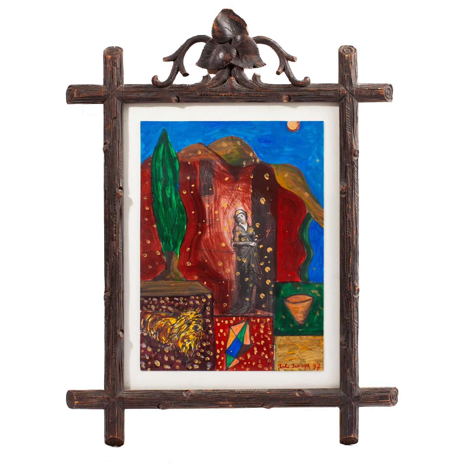Italo Scanga Mixed Media Artwork: Italo Scanga (1932-2011 California) Mixed Media Painting, 1997. Signed and dated lower right. Framed in antique carved wood Black Forest style frame with overall size 25x19". Excellent condition.