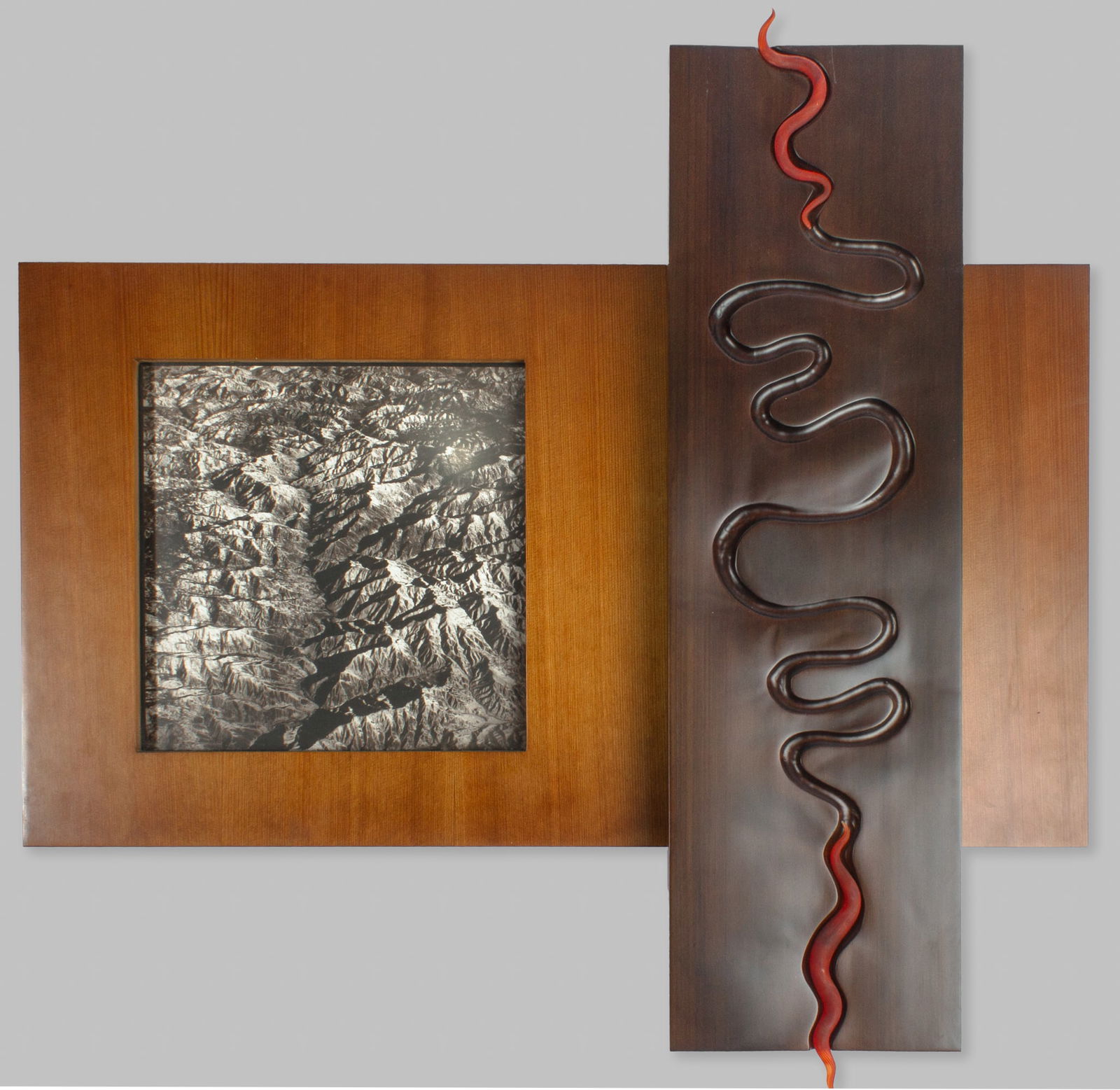 "Mad River" Mixed Media Wood & Glass Artwork: "Mad River" Mixed Media Wood & Glass Artwork, 2007. Signed illegibly on verso. Solid wood with carved river pattern and lamp worked glass. Measures 33x33x4" and hangs on french cleat. Excellent condit