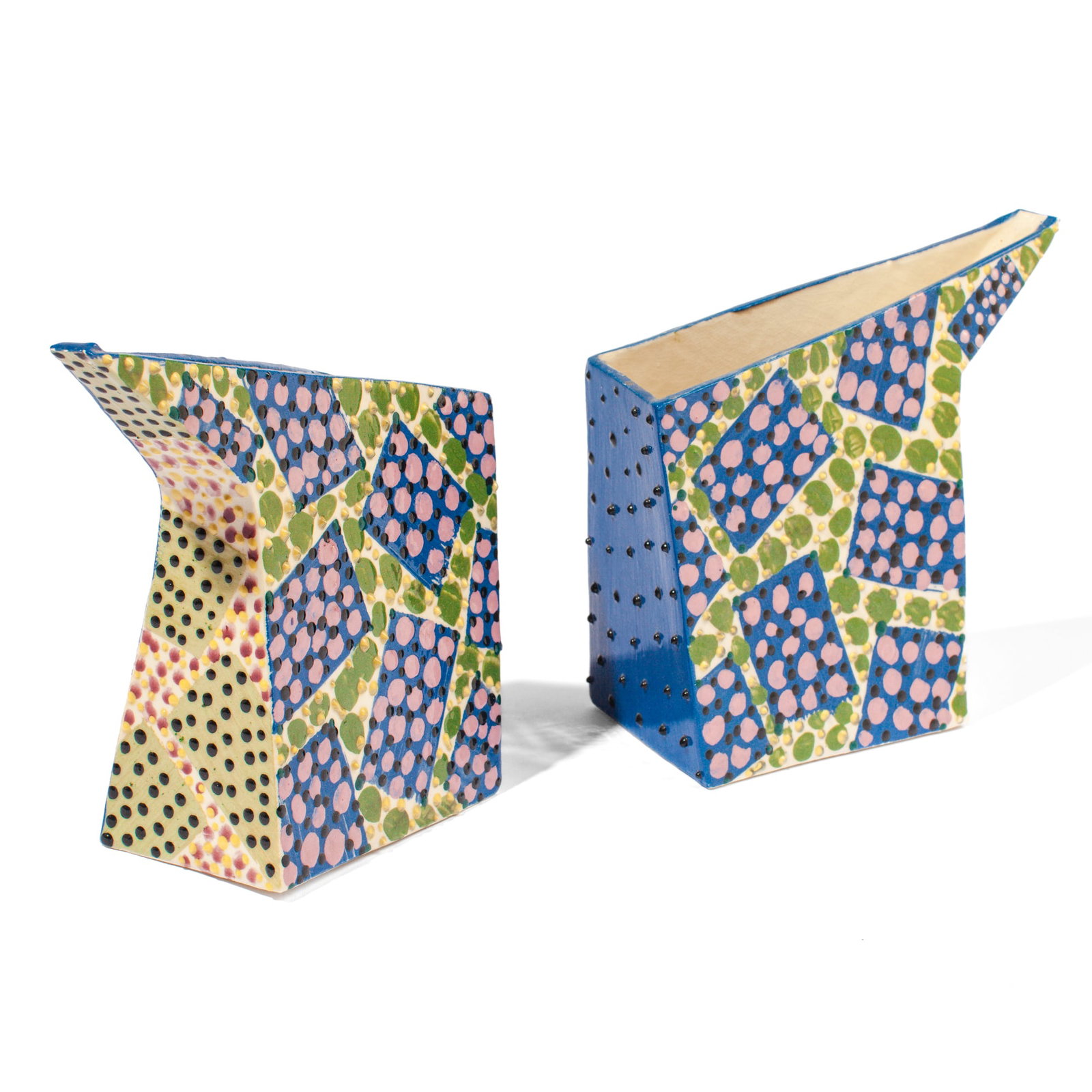 Marge Levy (WA) "Left Hand and Right Hand" Mugs: Marge Levy (1943-2025 Washington) Pair "Left Hand and Right Hand" Decorated Porcelain Mugs or Vases, 1982. Signed on bases; one has vintage Editions Limited Gallery Inc. label with title and price. Me