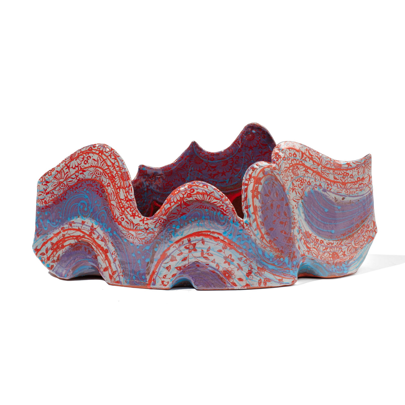 Marge Levy (WA) Blue & Red Wave Boat Bowl: Marge Levy (1943-2025 Washington) Red & Blue Wave Boat Terracotta Bowl or Planter, 2021. Signed and dated on base. Measures 7x17x7". Excellent condition.