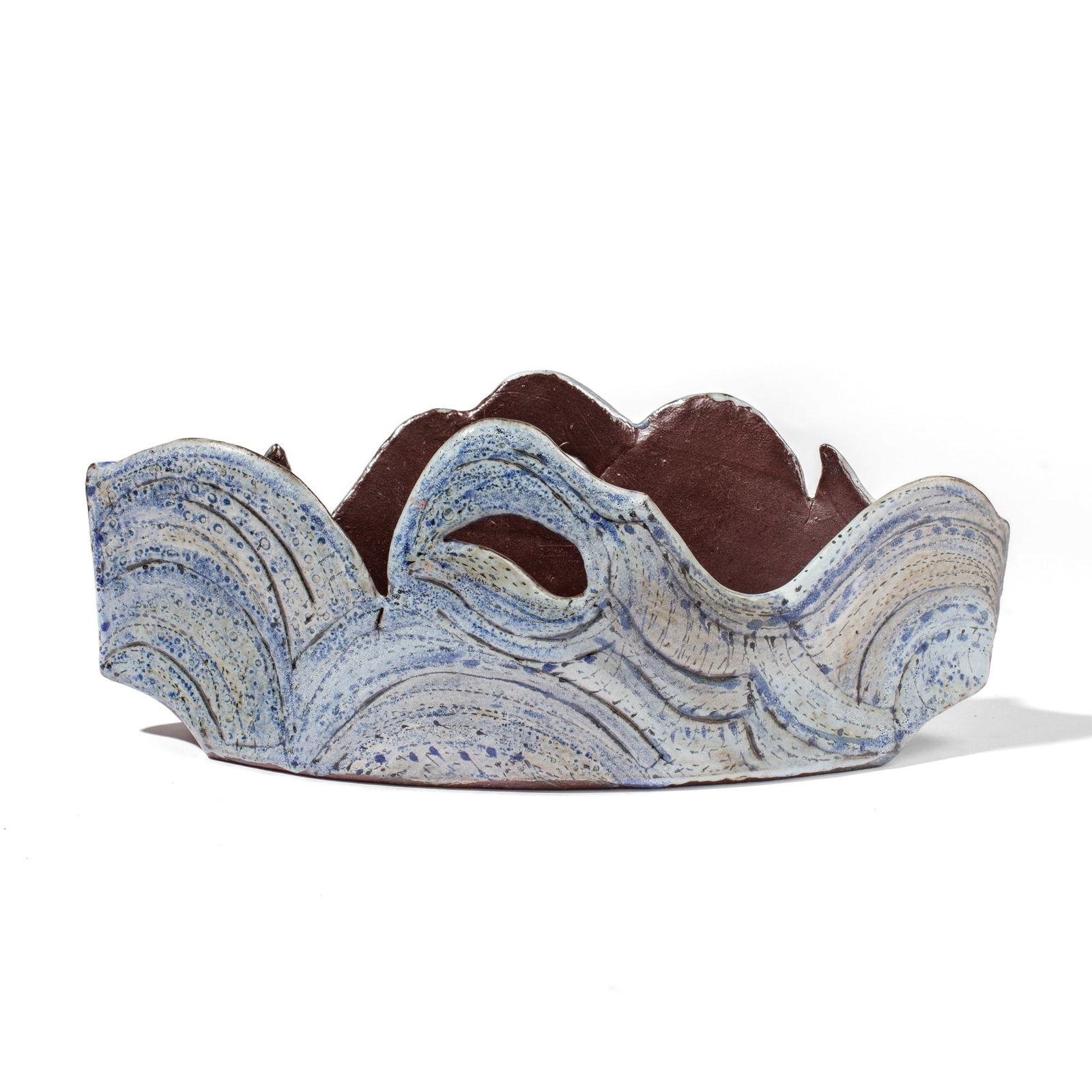Marge Levy (WA) Blue Wave Boat Terracotta Bowl: Marge Levy (1943-2025 Washington) Blue Wave Boat Terracotta Bowl or Planter, 2020. Signed and dated on base. Measures 6x15x5". Excellent condition.