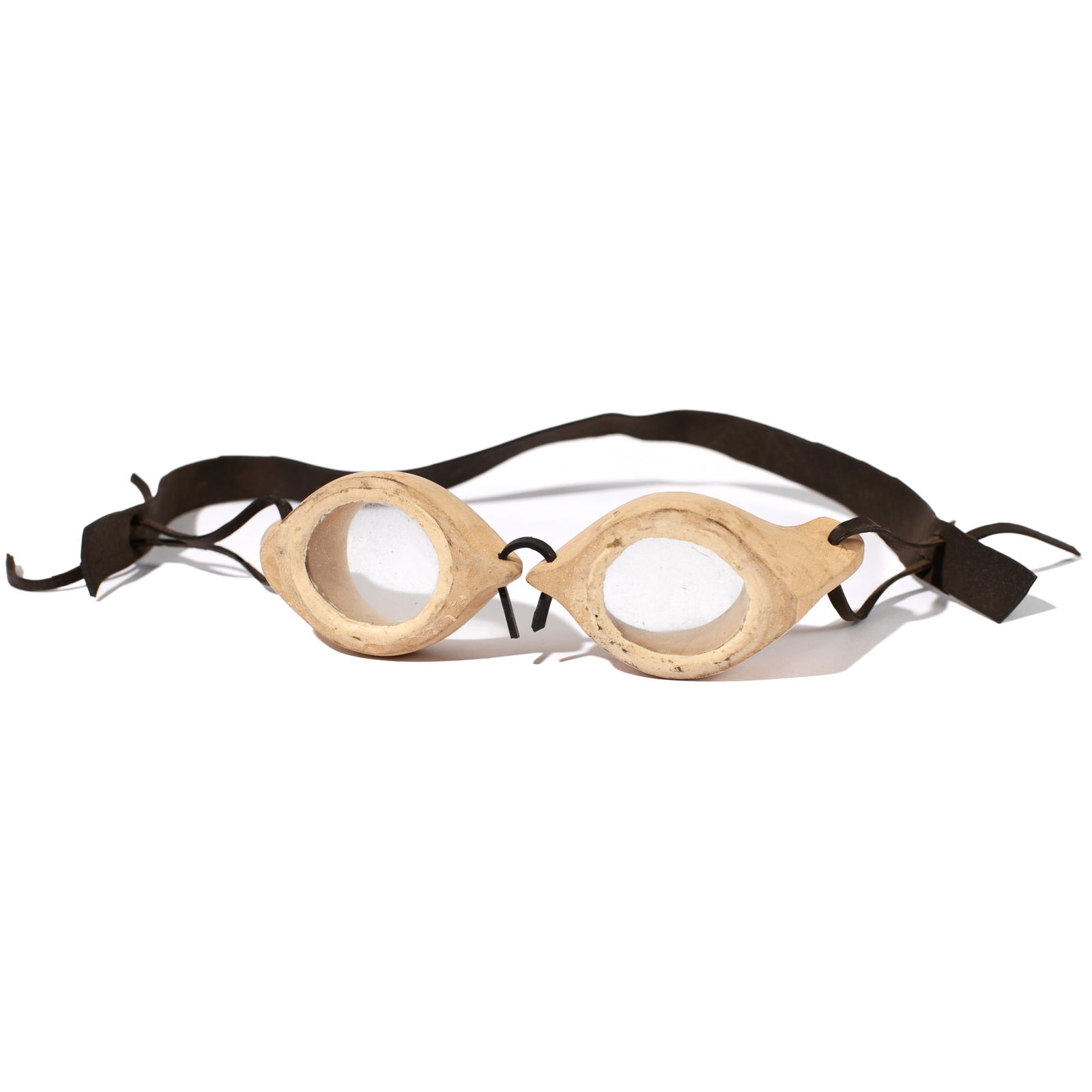 Handcrafted Wooden Swim Goggles: Handcrafted Wooden Swim Goggles from the Philippines. Carved wood and rubber. Goggles measure 6x1.75" with adjustable strap. Some wear from use; overall good condition.