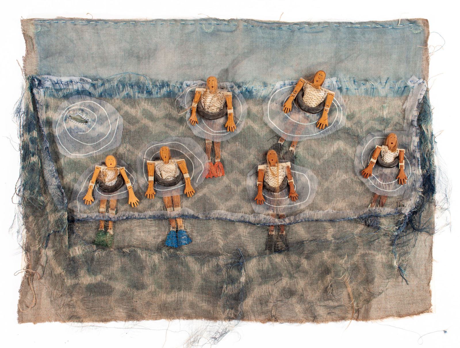 Sheila Ruen "Swimmers'" Mixed Media Artwork: Sheila Ruen (Michigan) "Swimmers" Mixed Media Fabric Artwork, 1986. Signed, titled, and dated on verso. Gauze, linen, canvas, and wood. Measures 20x27". Unframed. Good condition. Collection of Marge L
