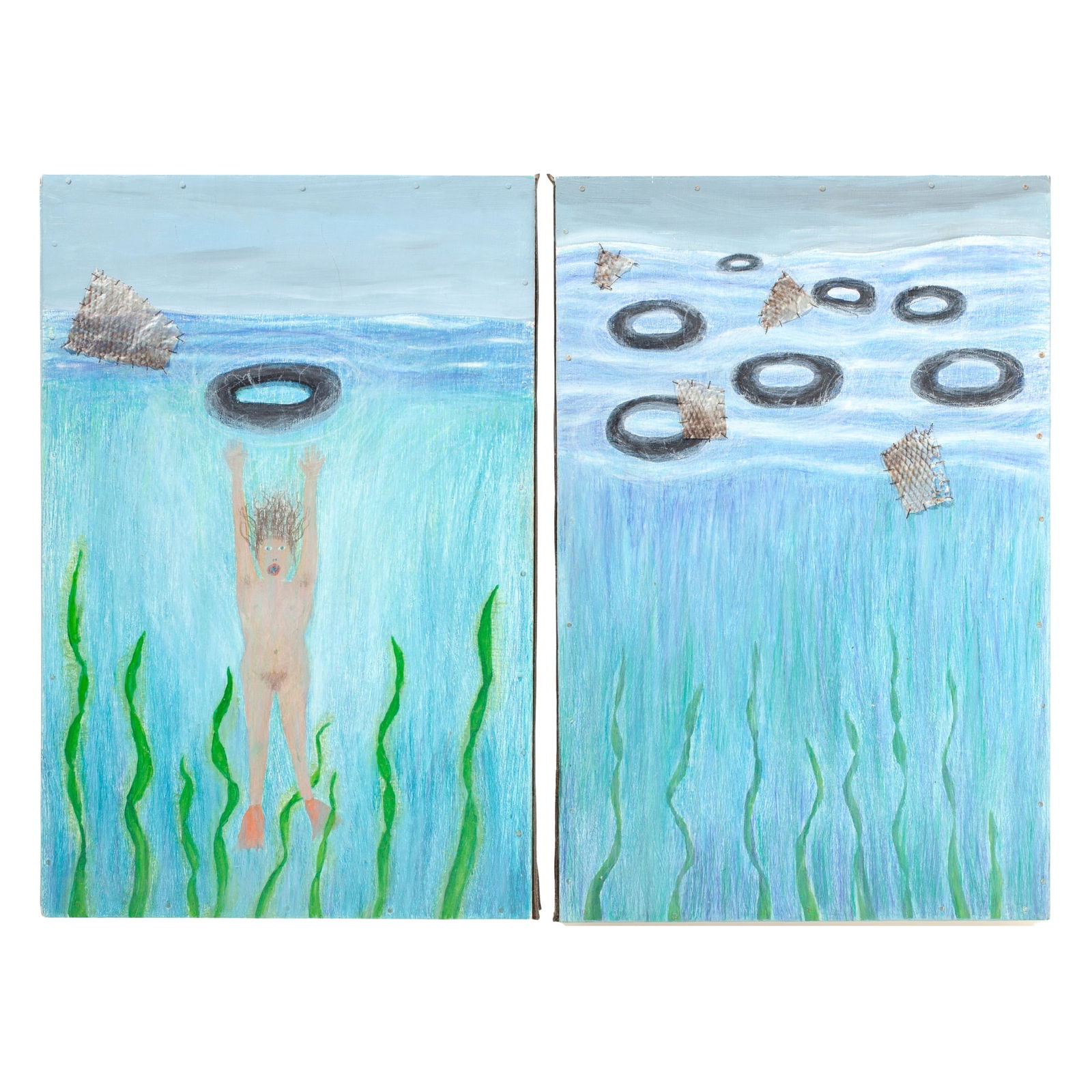 Sheila Ruen "Swimmers and Sinkers" Diptych: Sheila Ruen (Michigan) "Swimmers and Sinkers" Diptych Mixed Media Artwork on Panels, 1986. Signed, titled, and dated on verso. Paint, thread, and fish skin. Panels measure 18x12" each. One piece of fi