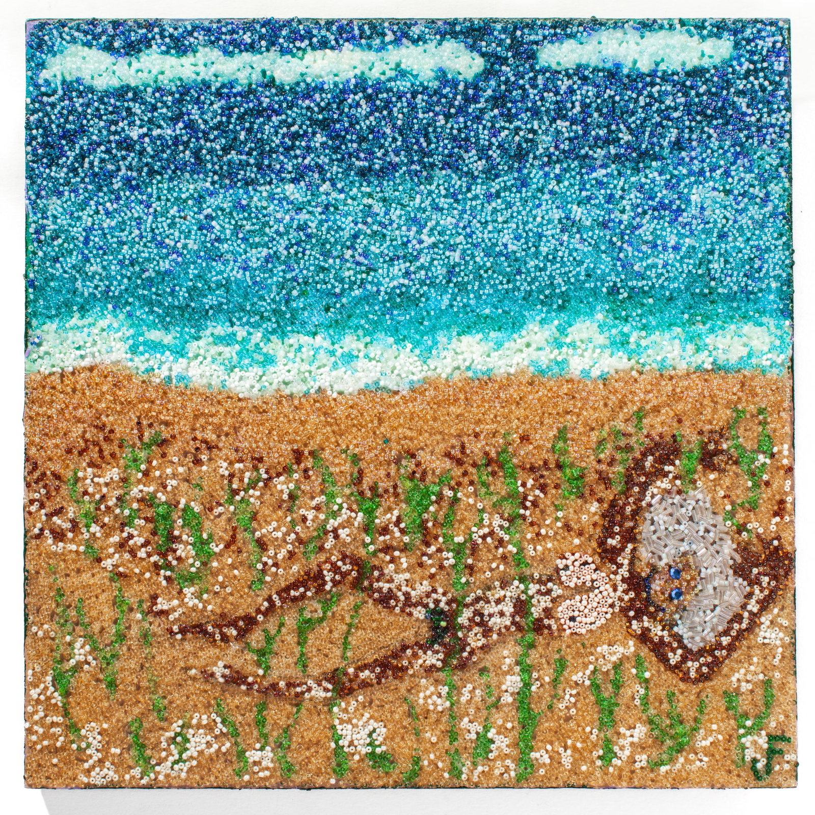 Jimmy Frank "Moclips" Beaded Mosaic Artwork: James "Jimmy" Frank "Moclips" Beaded Mosaic Artwork on Board, 1995. Possibly Haitian. Initialed in beads lower right and signed, titled, and dated on verso. Measures 12x12". Excellent condition. Colle