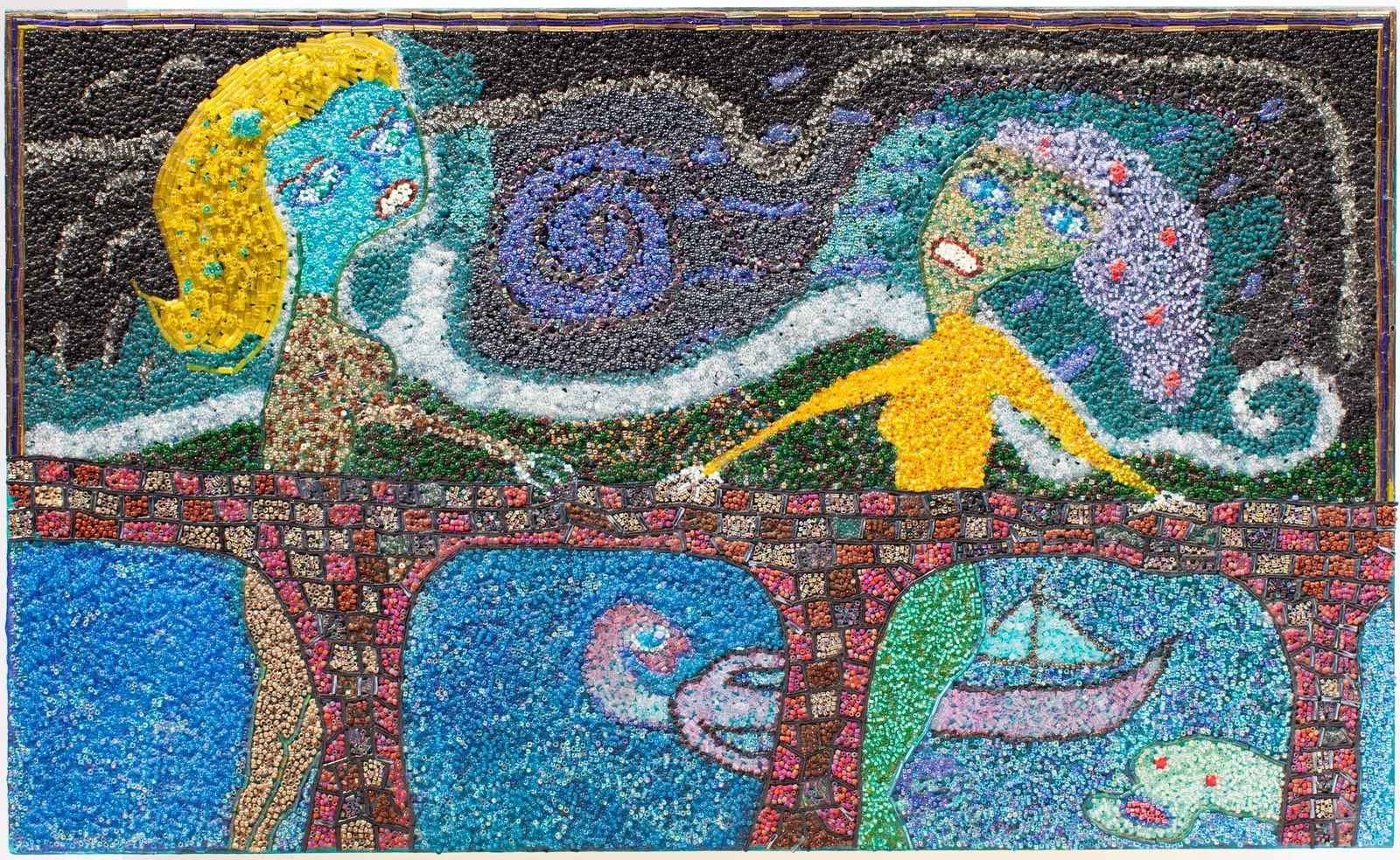 Jimmy Frank "Aqueduct" Beaded Mosaic Artwork: James "Jimmy" Frank "Aqueduct" Beaded Mosaic Artwork on Board, 1996. Possibly Haitian. Signed, titled, and dated on verso. Measures 12x20". Excellent condition. Collection of Marge Levy (1943-2025), f