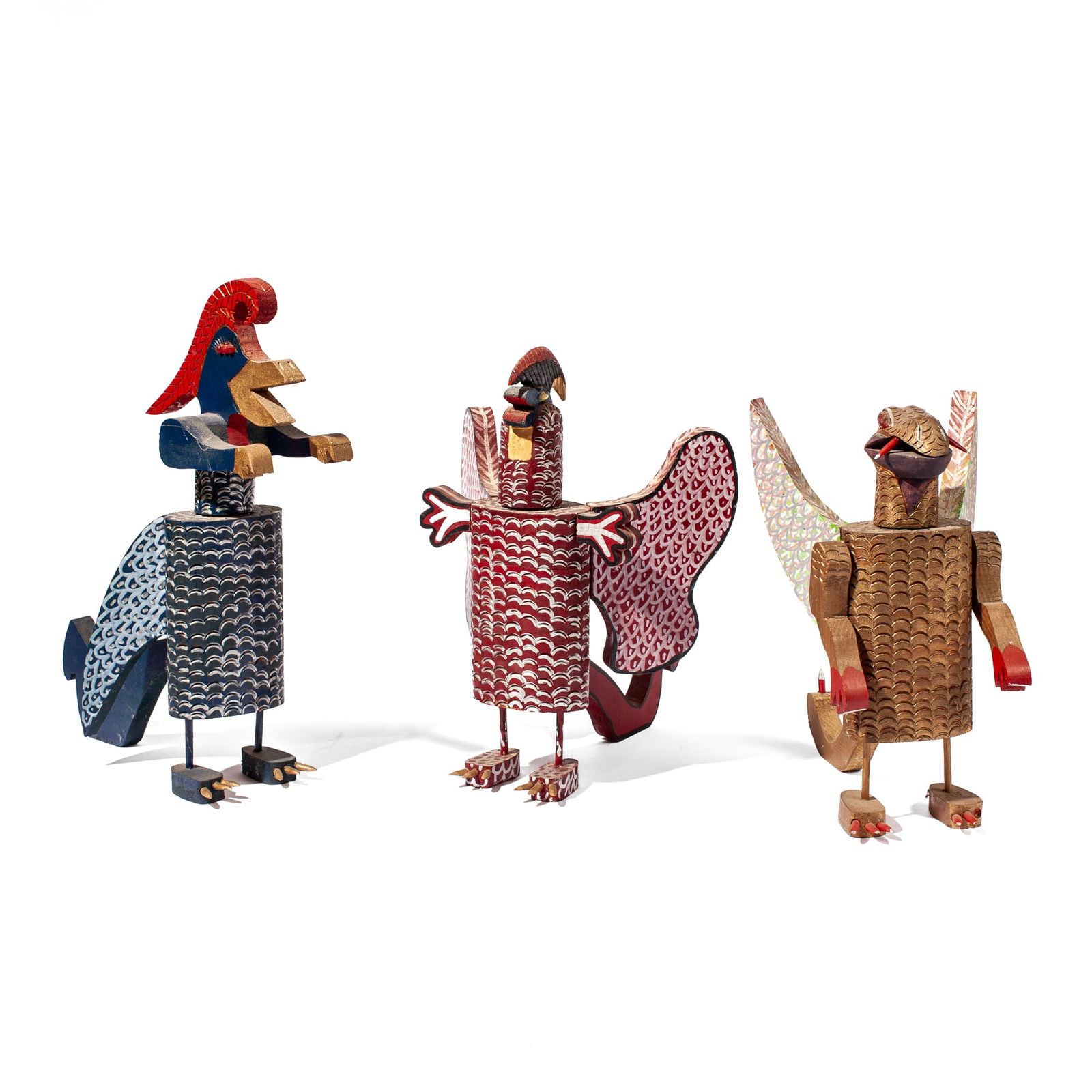 Kenneth Allen Wilson Trio of Folk Art Monsters: Kenneth Allen Wilson (Georgia) Trio of Folk Art Wood "Monster" Bottles, 1985. Handmade and painted wood with bottle inside and twist off head. Signed on tails with additional inscription in pencil on