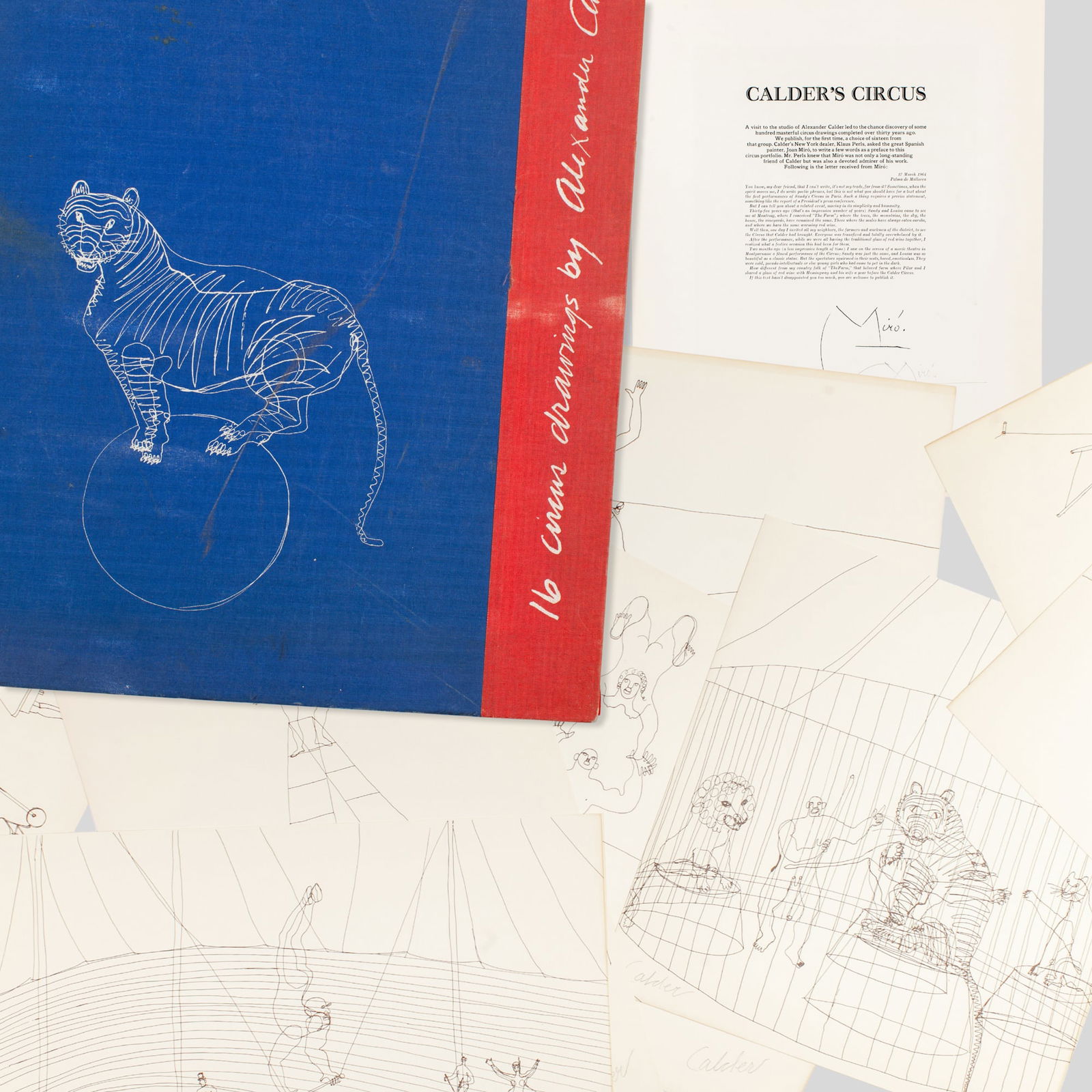 Pencil Signed "Calder's Circus" Complete Portfolio: Alexander Calder "Calder's Circus" Portfolio, 1964. Published by Art in America with Perls Galleries. Preface by Joan Mir? with additional pencil signature from Miro. Includes 16 offset lithographs ea