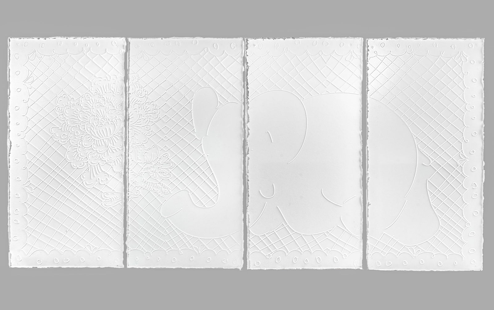 Jeffry Mitchell "Elephant " Molded Paper Panels: Jeffry Mitchell "Elephant " Molded Paper Panel Quadtych, 2018. Signed and dated on verso. Panels measure 46x23" each. Unframed. Pinholes at corners for tacking to wall. Overall very good condition wit