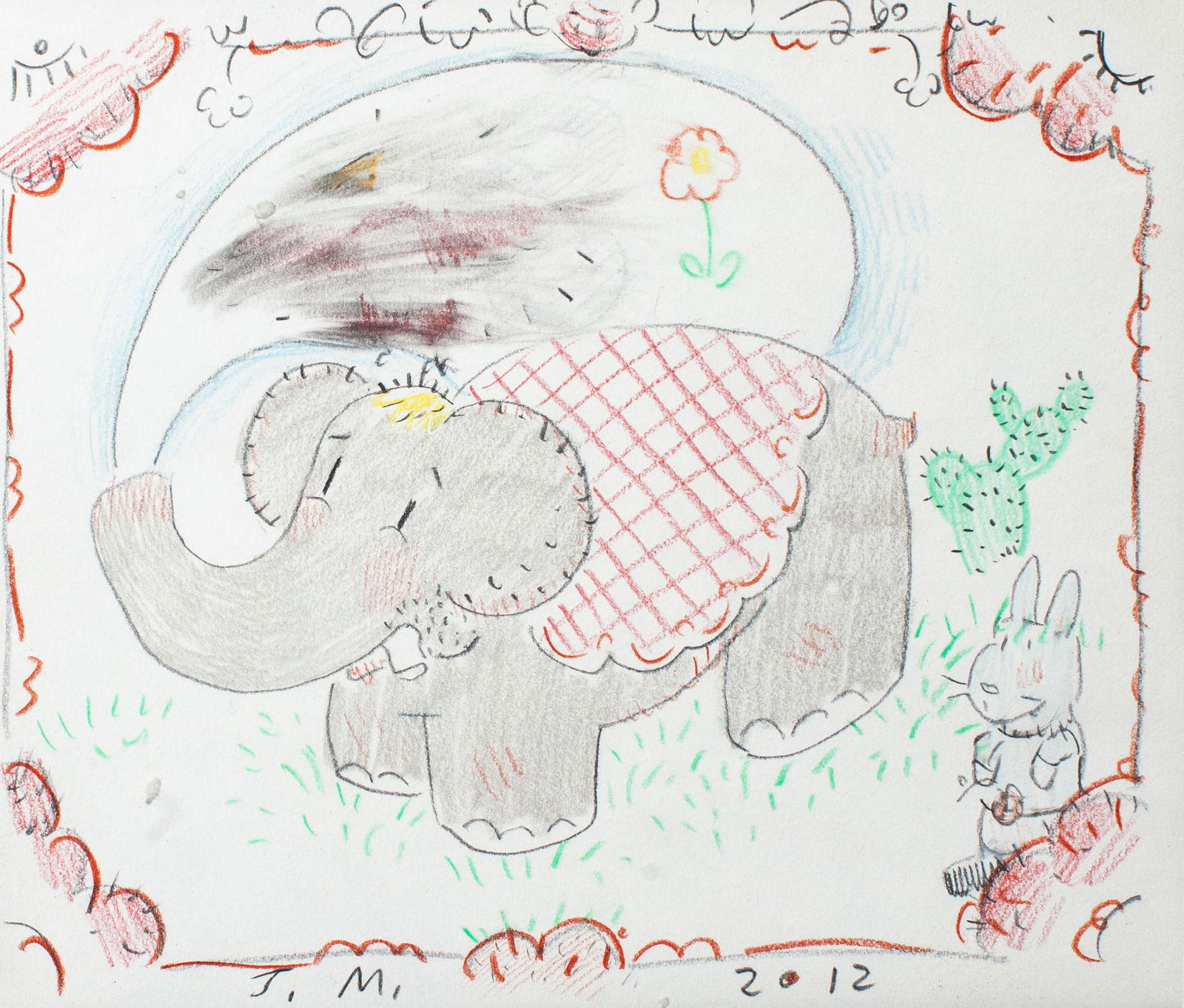 Jeffry Mitchell (WA) Elephant Drawing, 2012: Jeffry Mitchell (Washington) Elephant Drawing, 2012. Color pencil and graphite. Signed and dated along lower edge. Artwork measures 7x8"; framed in MCS Format Frame with overall size 8x10". Excellent