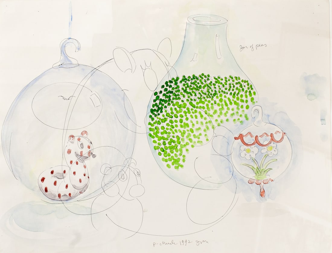 Jeffry Mitchell (WA) "Pilchuck Watercolor Drawing": Jeffry Mitchell (Washington) "Jar of Peas" Watercolor Drawing, 1992. Pen and watercolor drawing depicting glass objects and pool floaties. Signed and dated along lower edge with inscription