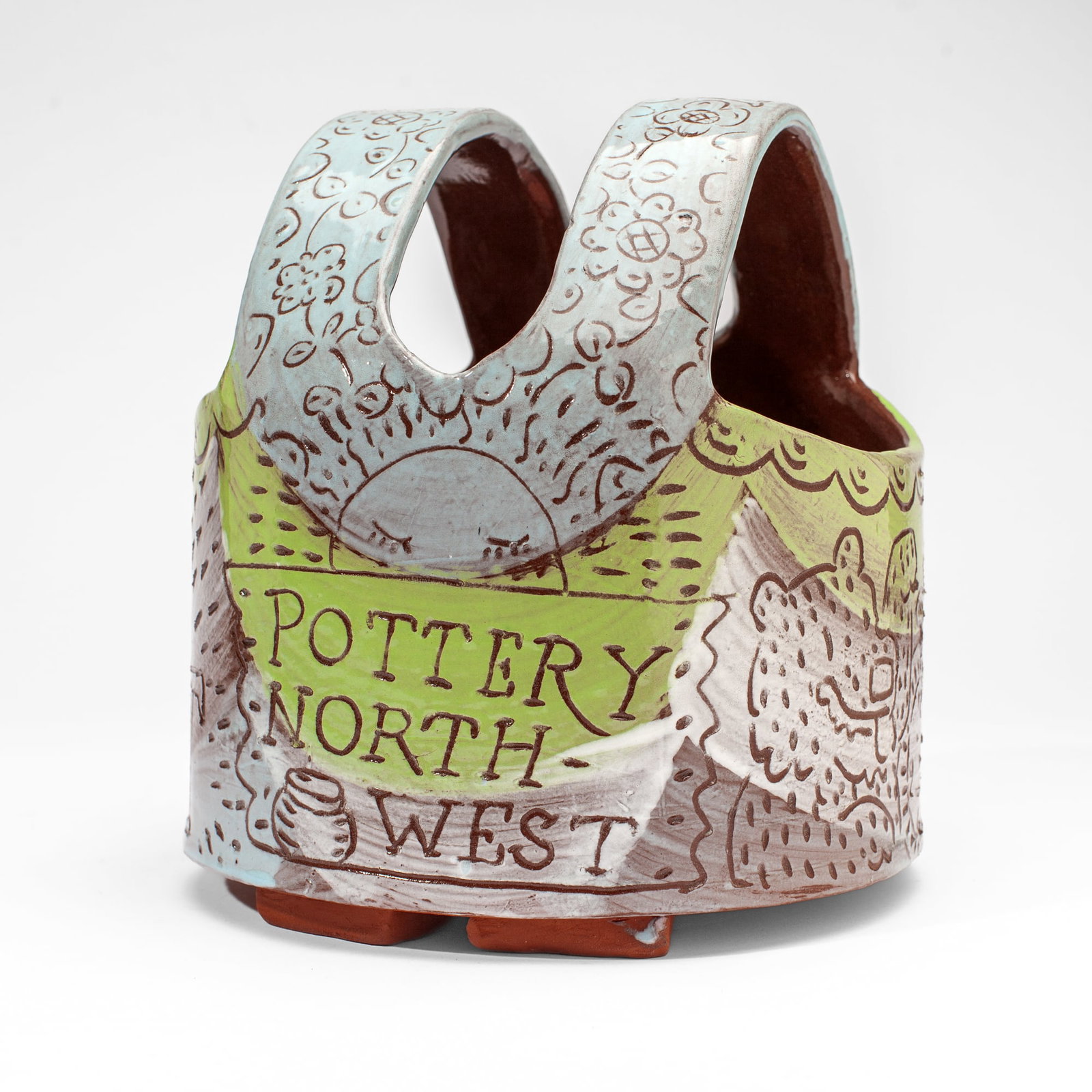 Jeffry Mitchell (WA) "Die Zeit (The Time)" Basket: Jeffry Mitchell (b.1958 Washington/Oregon) "Die Zeit (The Time)" Pottery Northwest Terracotta Basket, 2015. Signed on handles, dated on sides. Measures 10x9". Excellent condition. Collection of