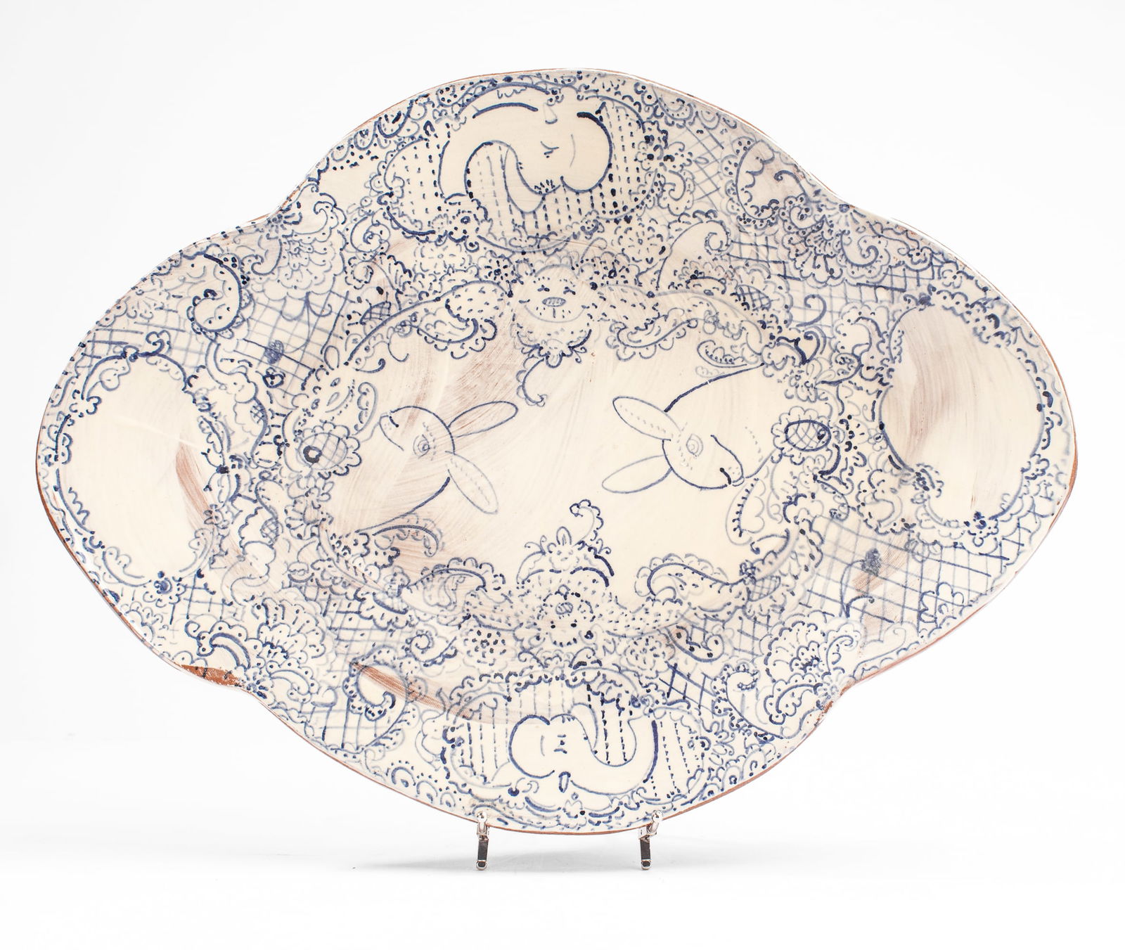 Jeffry Mitchell (WA) "Salad Bowl Platter", 2009: Jeffry Mitchell (b.1958 Washington/Oregon) Glazed Terracotta "Salad Bowl Platter", 2009. Signed and dated on base. Has holes in feet for wire to hang on wall if desired. Measures 23x17.5x2.5".