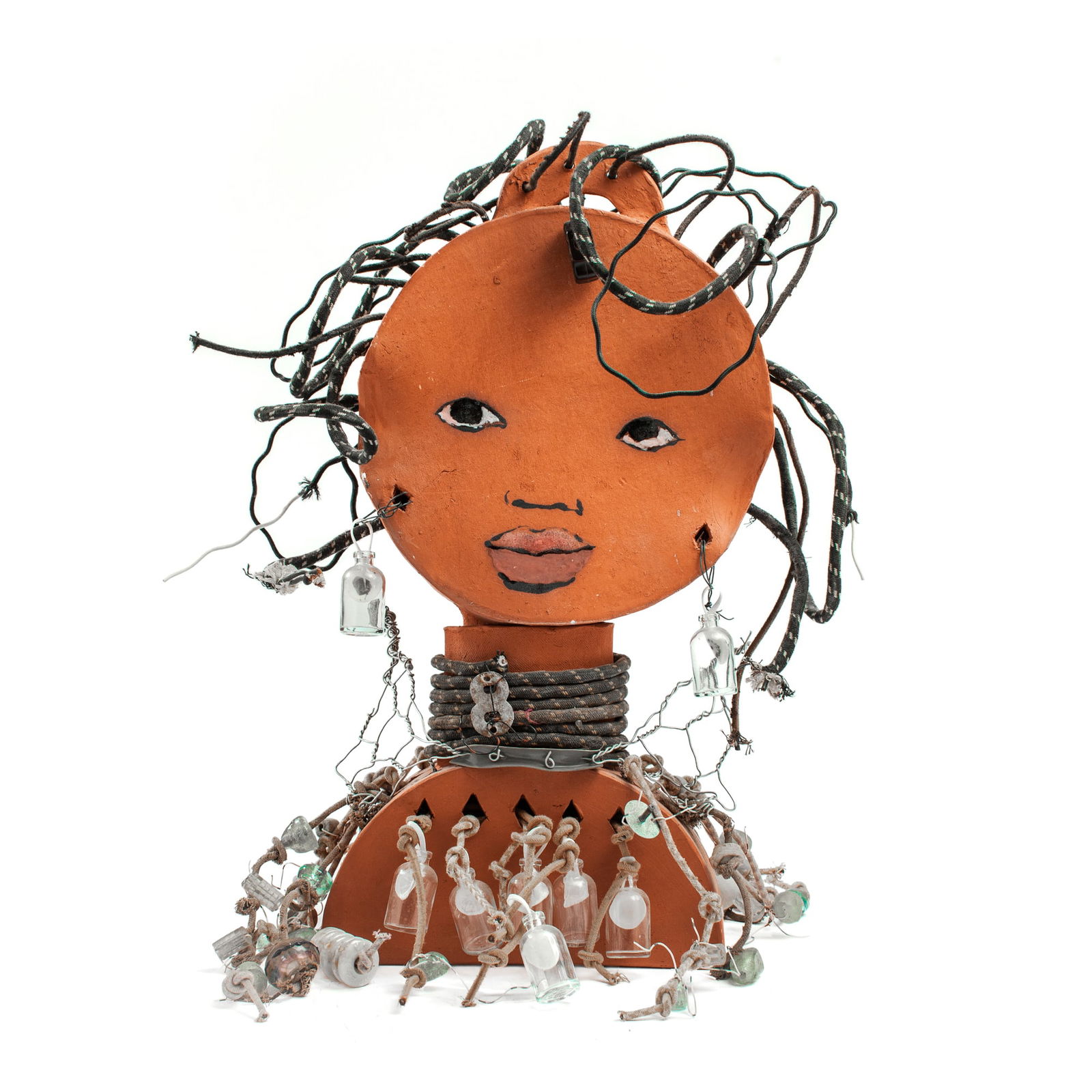 Marita Dingus (WA) Large Mixed Media Bust: Marita Dingus (b.1956 Washington) Large Mixed Media Bust, circa 2020. Unsigned. Terracota base and head with assortment of found items including cloth wrapped wire, glass jars, beads, and metal wire.