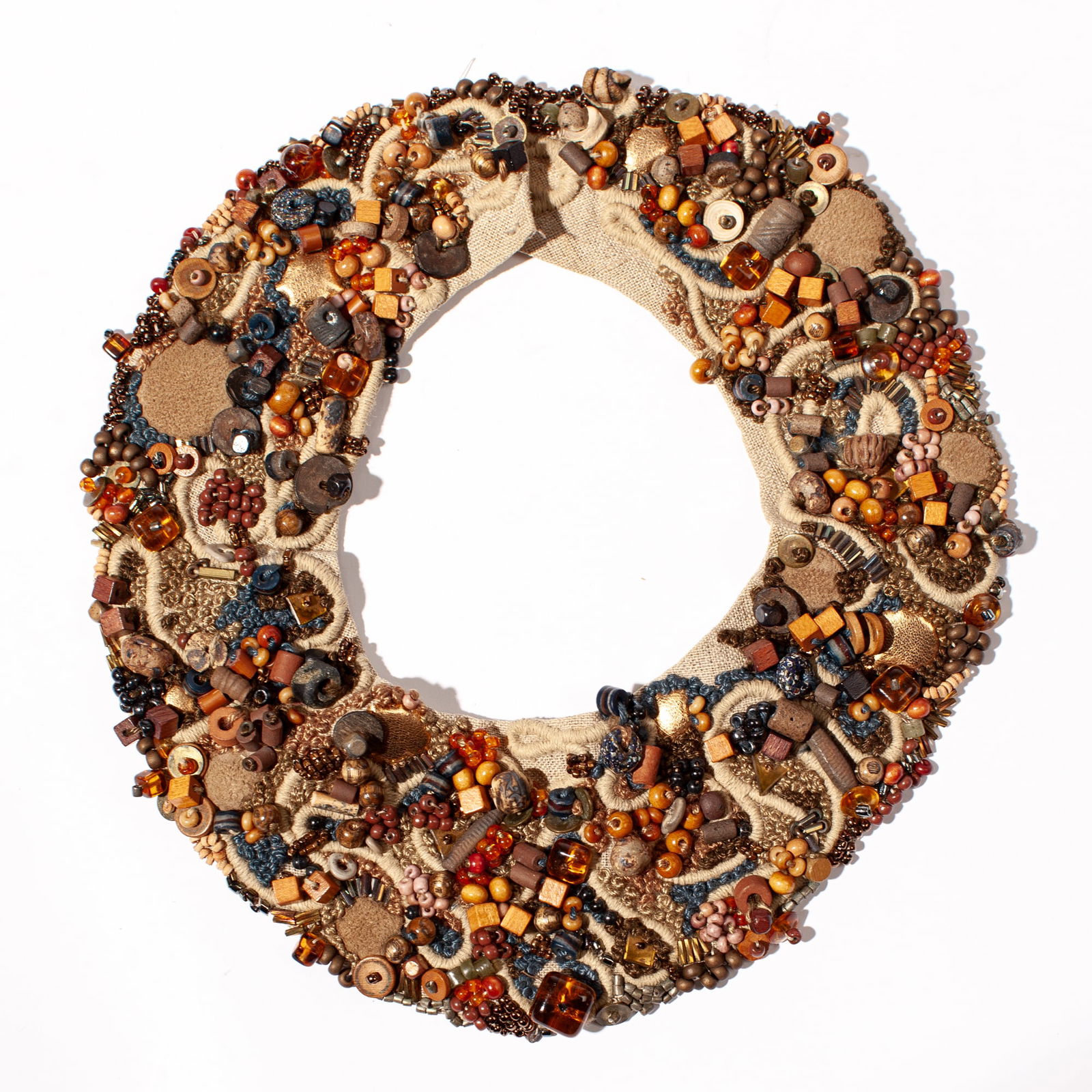 Beaded and Embroidered collar signed Smith: Beaded and Embroidered collar signed Smith. Suede backed linen with hand embellished beading and embroidery. Signed with thread on back side. Measures 5" diameter opening and 10" diameter outside. Goo