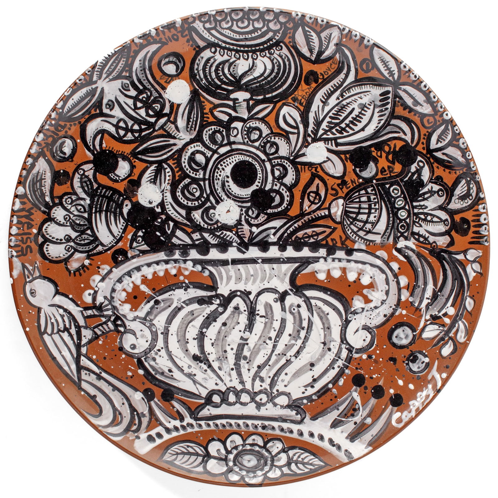 Cappy Thompson & Dick Weiss (WA) Platter, 2011: Cappy Thompson & Dick Weiss (Washington) Floral Still Life Collaborative Platter, 2011. Signed by both artists on both front rim and verso. Glazed terracotta. Measures 15.5" in diameter. Excellent con