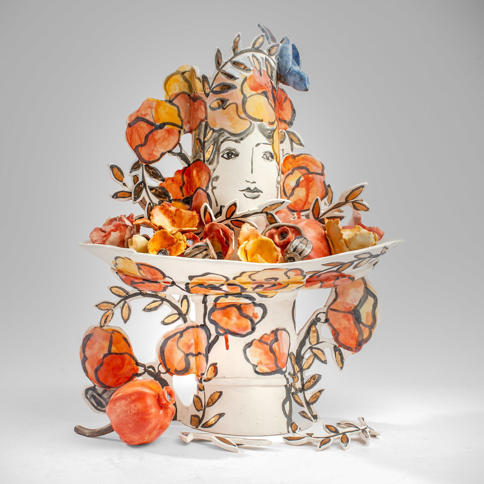 Josie Jorczenia "Persephone and the Promise": Josie Jorczenia (California) "Persephone and the Promise" Ceramic Sculpture, 2022. Signed on base. Underglaze, glaze, and luster on white mid-fire ceramic body; some loose components that can be added