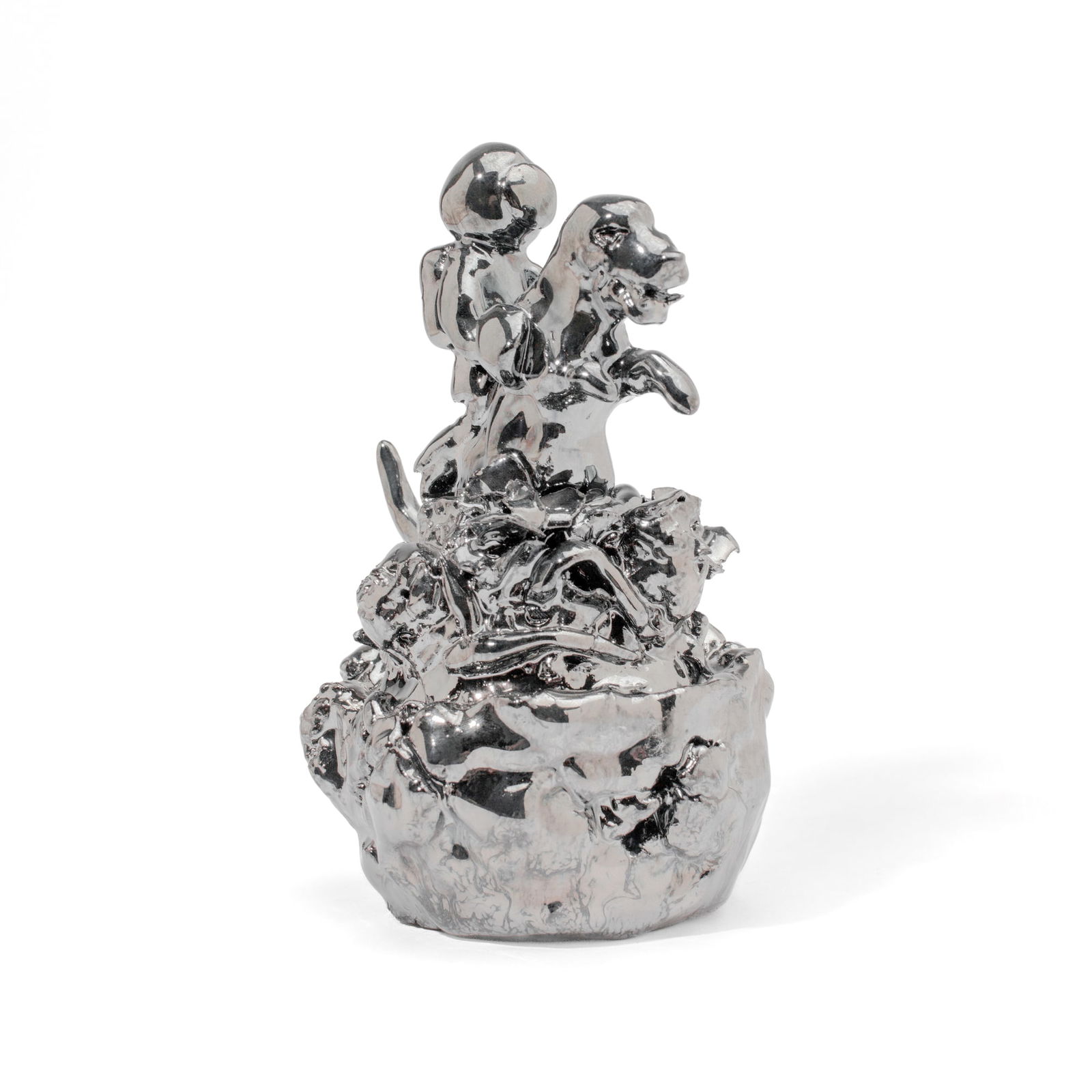 Jacob Foran (WA) "In Space Together (Dinosaur)": Jacob Foran (b.1983 Washington) "In Space Together Forever (Dinosaur)" Ceramic Sculpture. Silver luster glaze over terracotta. Signed and dated on base. Measures 6.5x4". Small chip to flower petal; do