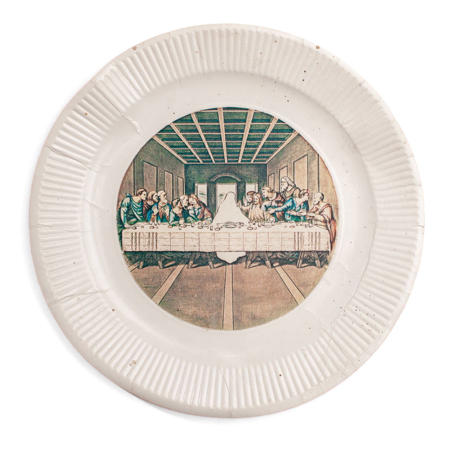 Howard Kottler (WA) "Last Supperware' Paper Plate: Howard Kottler (1930-1989 Washington) ''The Last Supperware'' Paper Plate with Serigraph, circa 1969. Artist stamp on verso. Commercial paper plate with cut out serigraph image image affixed at center