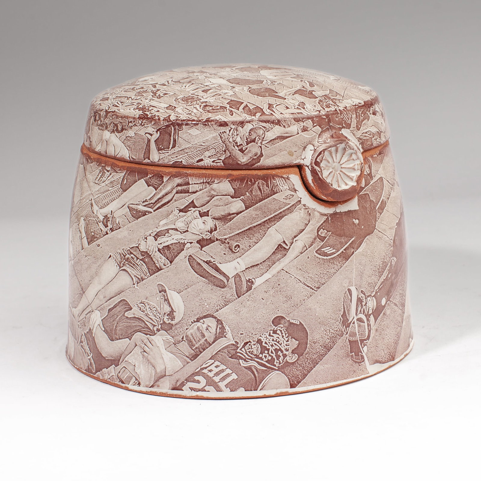 Justin Rothshank & Isaac Scott "Protest" Jar: Justin Rothshank (Indiana) & Isaac Scott (Pennsylvania) "Protest" Covered Jar. Stamped "Rothshank" on base. Glazed photographic decals depict June 4th, 2020 Black Lives Matter Protest on
