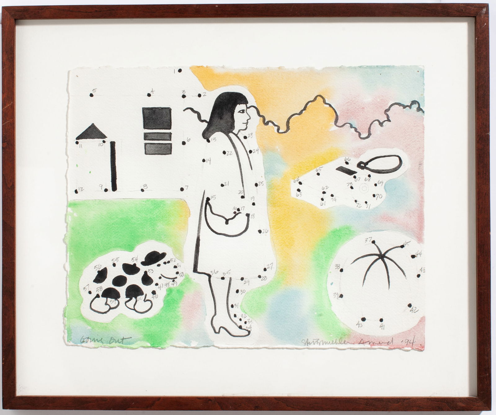 Susan Stinsmuehlen Amend "Going Out" Watercolor: Susan Stinsmuehlen Amend (b.948 California) "Going Out" Ink and Watercolor, 1994. Signed and dated. Sheet measures 10x13" in 15x18" frame. Excellent condition. Collection of Marge Levy