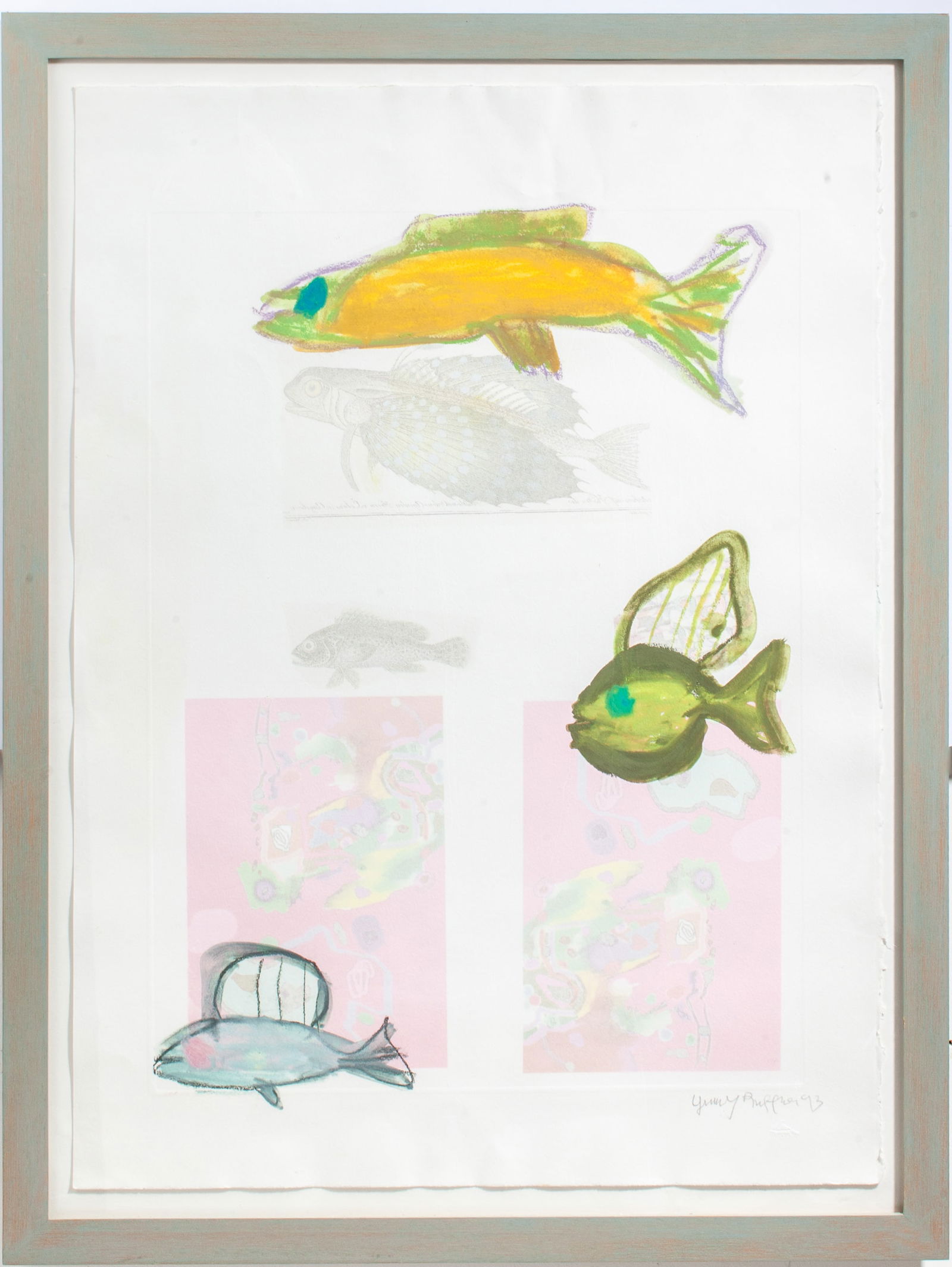 Ginny Ruffner (WA) Fish Mixed Media Pilchuck Print: Ginny Ruffner (1952-2025 Washington) "Fish" Mixed Media Pilchuck Print, 1993. Signed and dated lower right; Pilchuck School blindstamp in lower right corner. Sheet measures 30x22", professionally