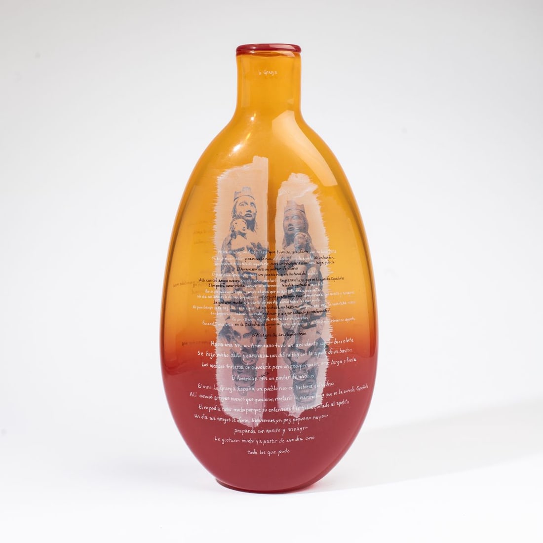 Walter Lieberman (WA) Art Glass Vase: Walter Lieberman (b. 1954) large blown art glass vase with etched or screenprinted Spanish-language text describing a glass painter in Spain over engraved photo images of a Spanish carving of the Virg