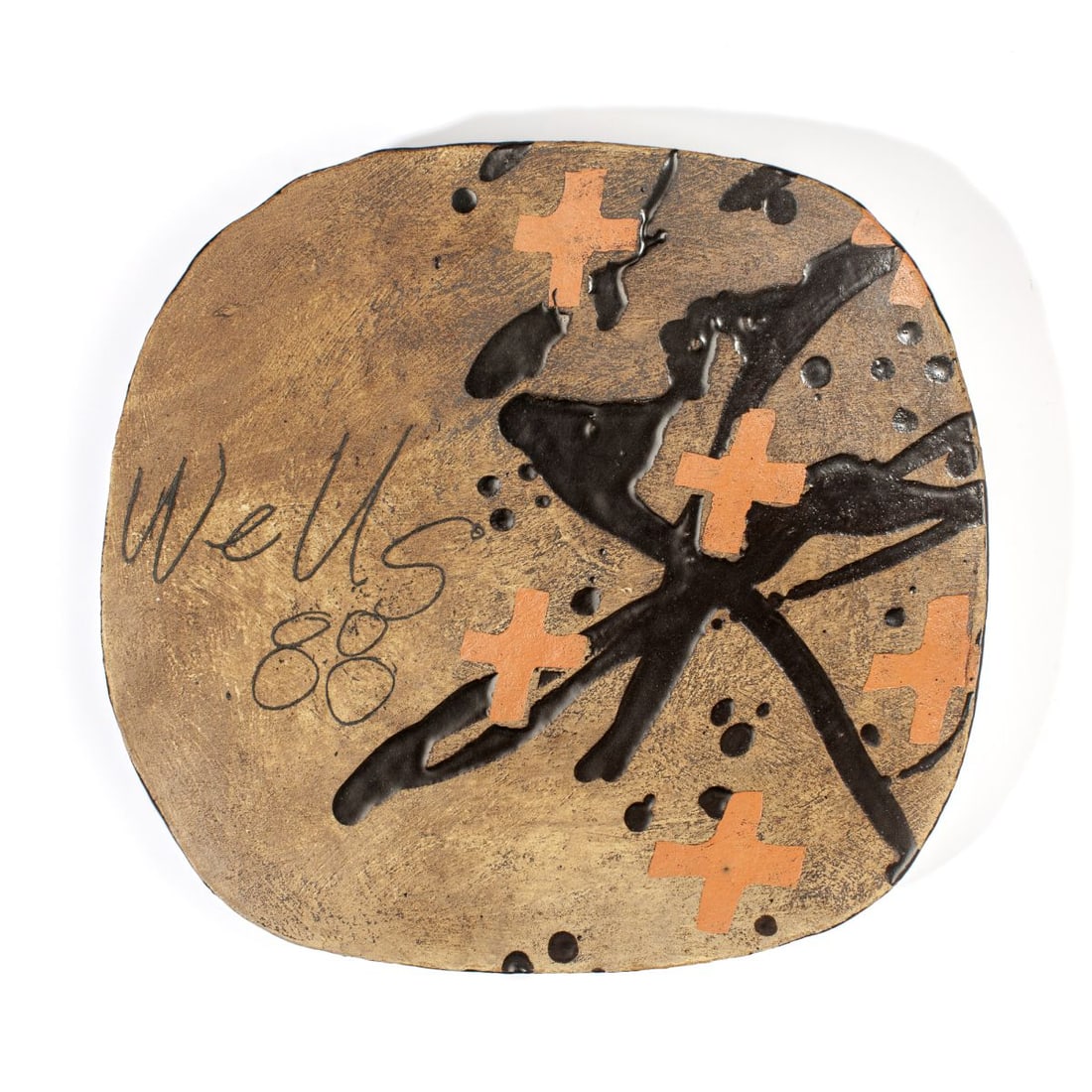 John Maltby "Wells Cathedral" Stoneware Platter: John Maltby (1936 - 2000 United Kingdom) stoneware footed platter with Wells Cathedral cross in kaki color glaze and iron brown splashes over brushed yellow ground. Signed to base, titled "Wells" and