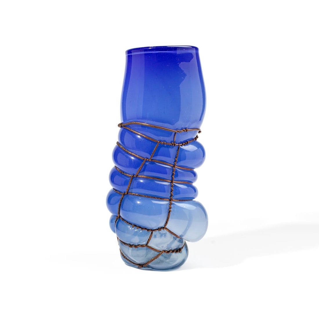 Walter White (WA) "Caged Blue" Art Glass Vase: Walter White (b. 1949) blue blown glass vase with copper wire. Signed "Walter White" at base at dated 1984. In very good condition. 15" H x 5" across approx.