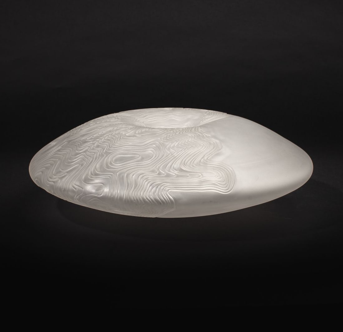 Armelle Bouchet O'Neill Carved Art Glass Sculpture: Armelle Bouchet O'Neill (France / Seattle) large sand-carved frosted glass sculpture of hollow squat round form. Signed at base. In very good condition. 16" D.