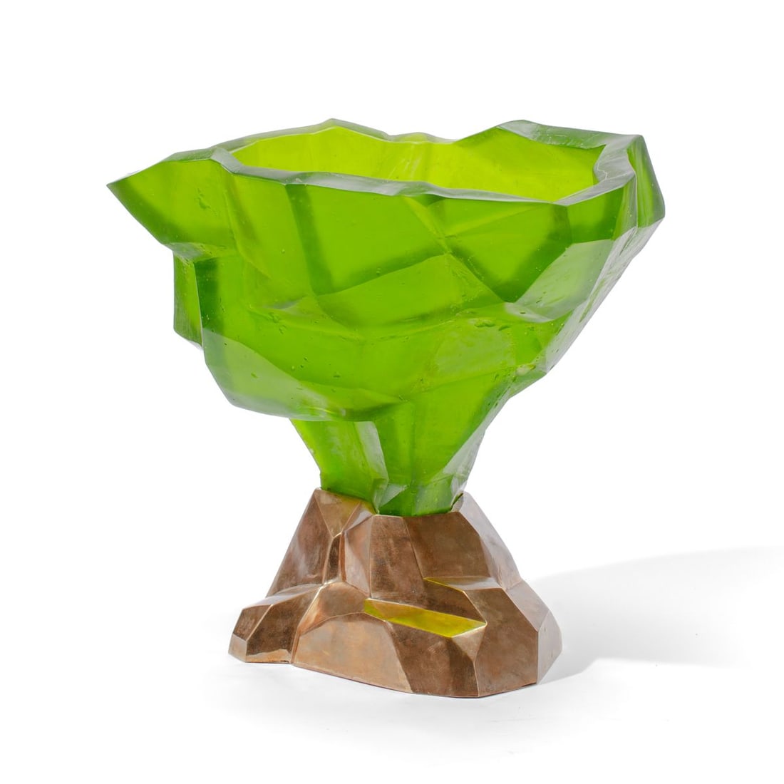 Allan Packer "Asteroid" Large Glass Sculpture: Allan Packer (b. 1956 Canada / New Mexico) "Asteroid" large blown mold glass sculpture with cast bronze base. Chip to edge of glass near base; otherwise appears in good overall condition. 14.5" H x 17