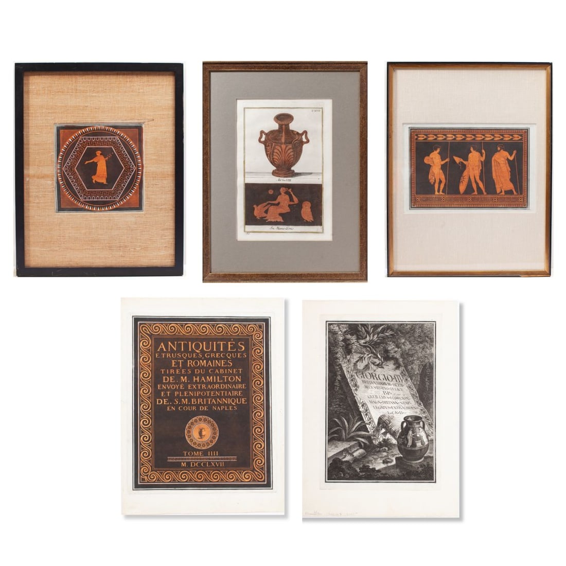 Sir William Hamilton Red Figure Pottery Engravings: Five antique hand-colored engraved illustrations of red-figure pottery, all from the "Collection of Etruscan, Greek and Roman Antiquities from the Cabinet of the Honourable William Hamilton", by Willi