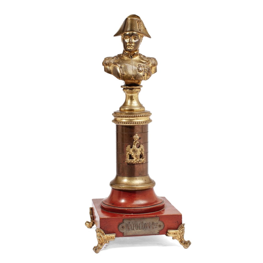 Antique Gilt Metal Napoleon Bust: Late 19th/ early 20th century gilt metal bust of Napoleon. Empire style gilt metal and mahogany column base with engraved plaque "Napoleon 1er". Raised claw form gilt metal feet. Good condition with e