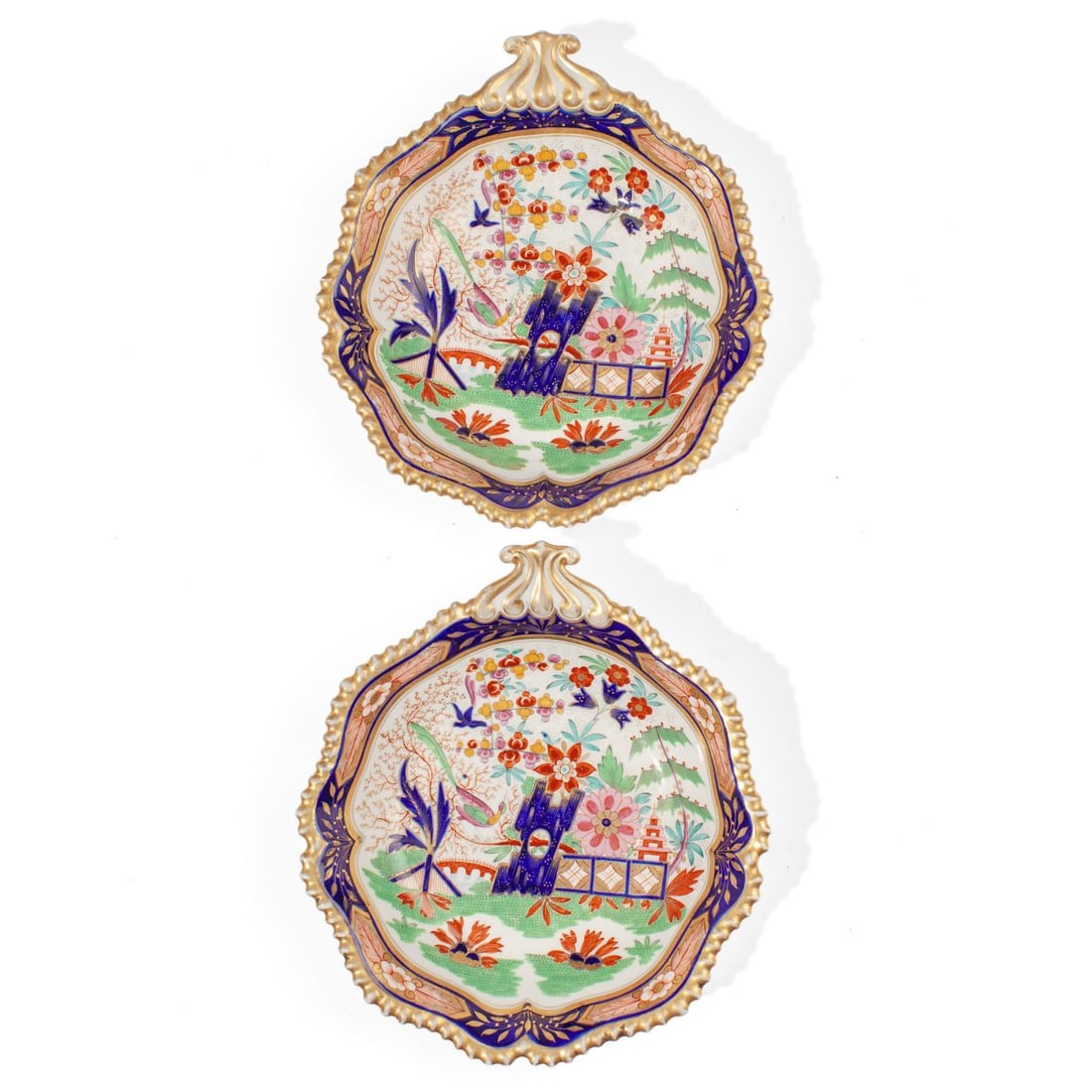 Flight Barr Barr Worscester Fence Pattern Bowls: Pair early 19th century Flight Barr & Barr porcelain serving bowls in Japan Fence / Imari Fence pattern. Hand painted and gilt designs over cobalt blue glaze details. Impressed FBB under crown marks t