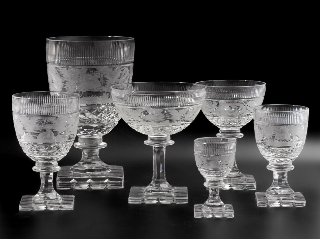 Anglo-Irish Cut Etched Glass Crystal Stemware Set (1 of 12)