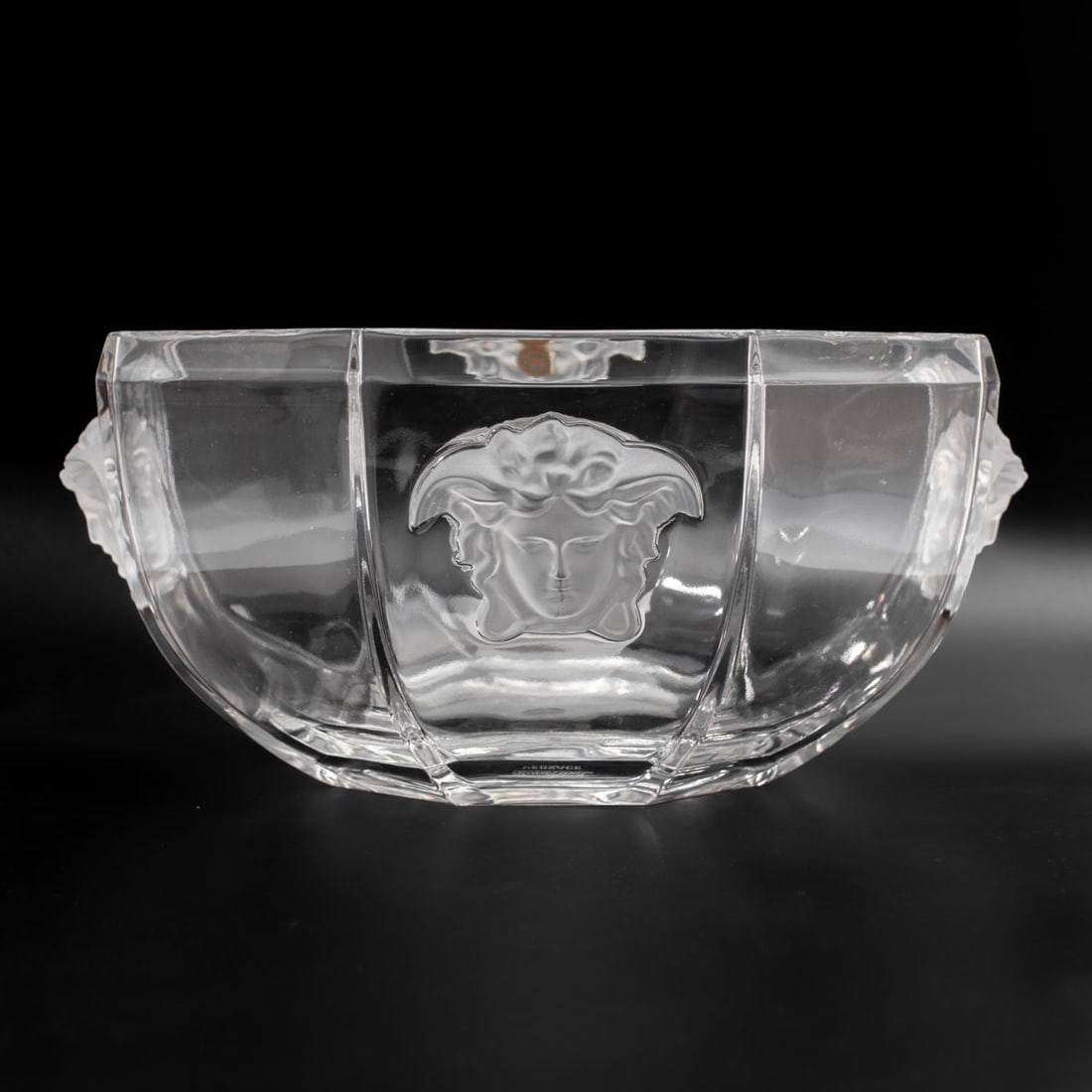 Versace Medusa Rosenthal Crystal Bowl No. 45318: Versace Medusa Lumiere crystal bowl by Rosenthal. Acid etched "Rosenthal VERSACE" mark to bottom along with gold foil label to inside. Original Versace pamphlet and box. Excellent condition. Bowl 3.75
