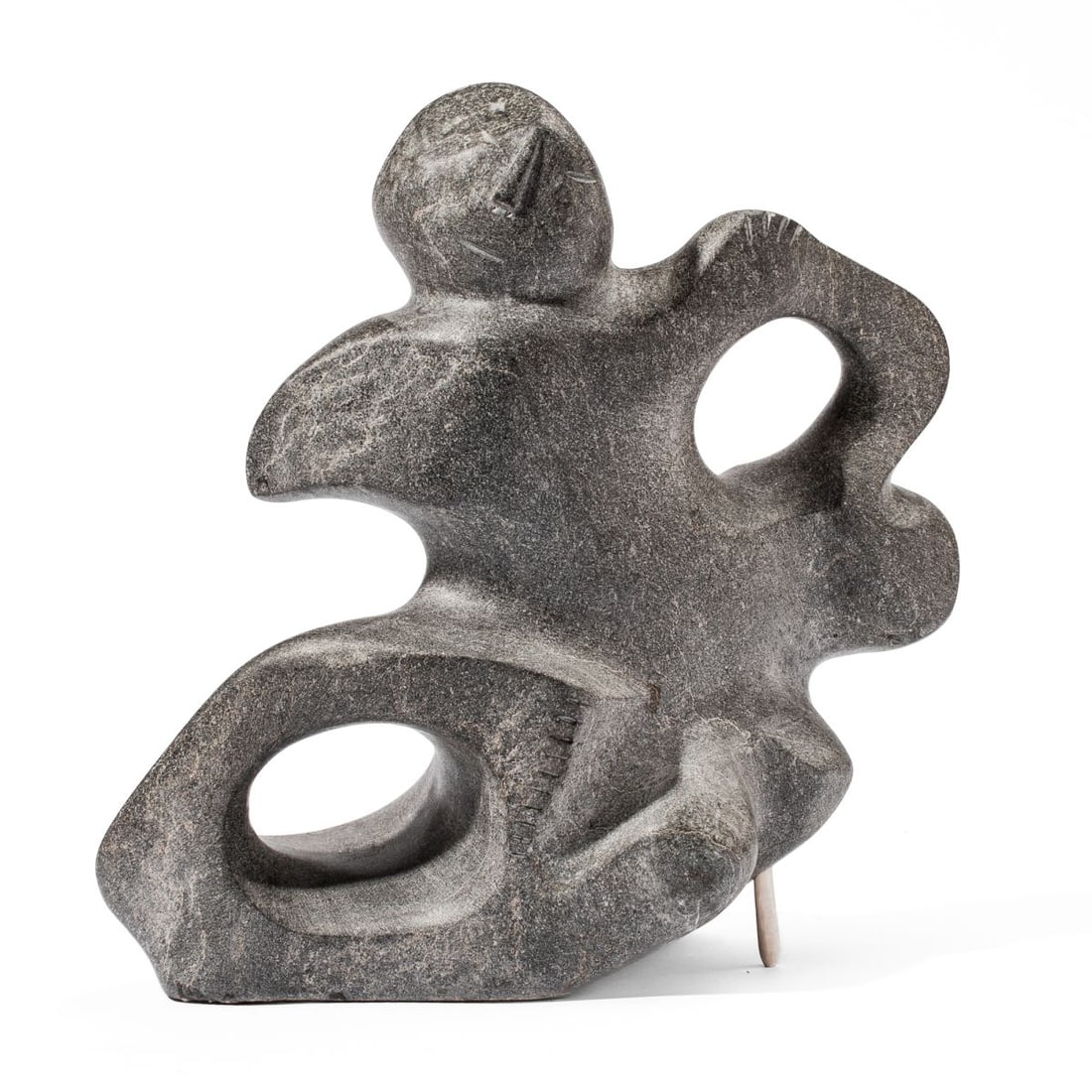 George Arluk Abstract Figural Soapstone Sculpture: George Arluk / Arlook (1949 - 2023 Keewatin Region, Northwest Territories) carved abstract curvilinear sculpture representing two figures possibly on the back of a seal. Signed "George Arlook" at base