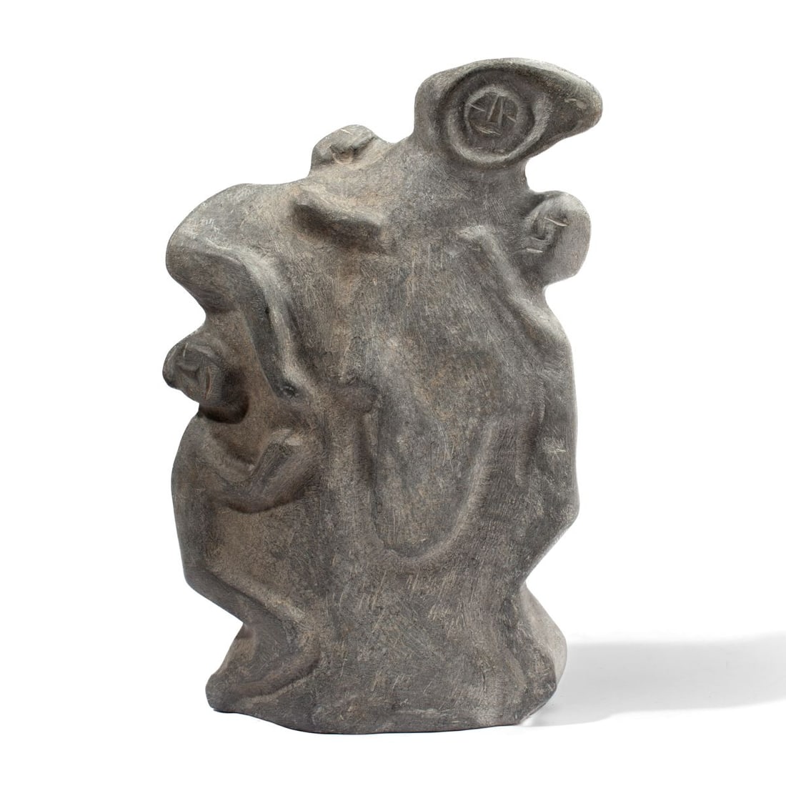 Mary Ayaq Anowtalik "Family Group" Sculpture: Mary Ayaq Anowtalik (b. 1938, Arviat) "Family Group" large stone sculpture, 2000. No apparent artist's signature. 17.5" H x 10" L x 5".