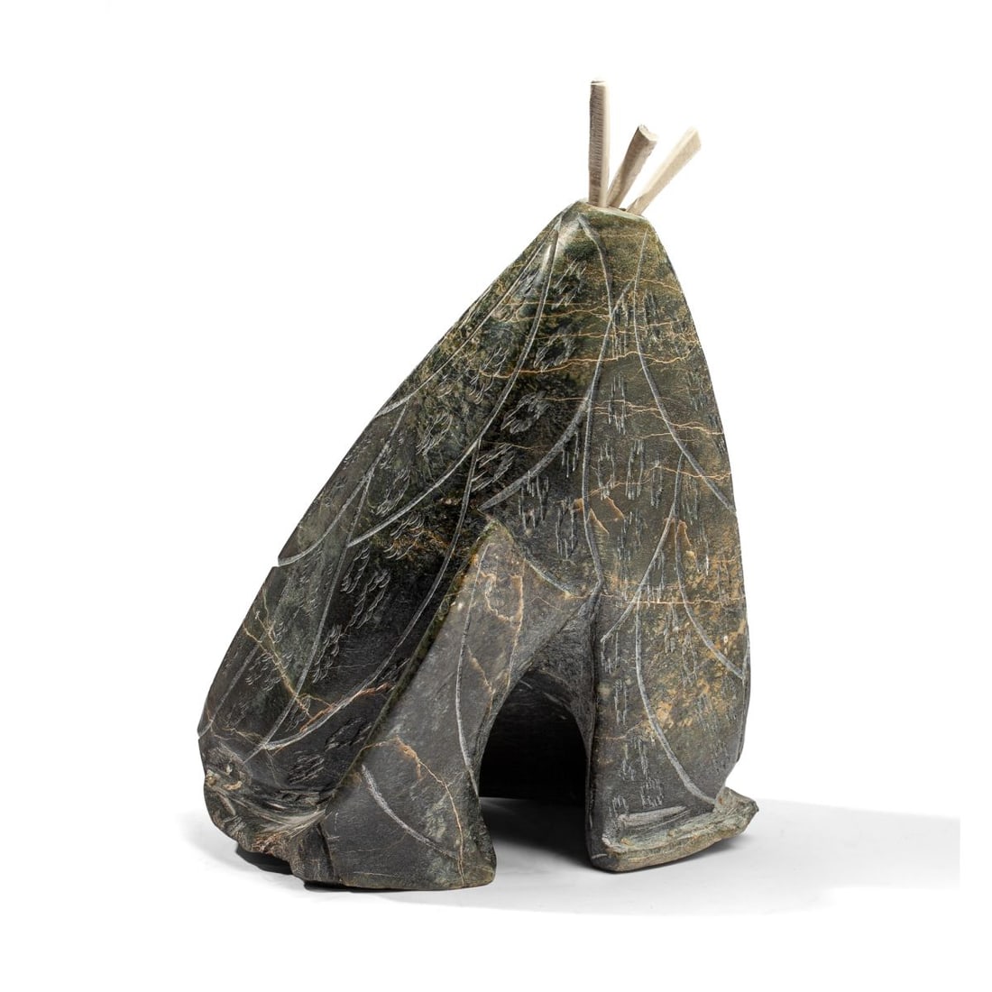 Large Inuit Carved Stone Tupiq Tent: Large carved green veined stone boulder with antler depicting a Tupiq hunting tent with incised simulated fur patterns. No apparent artist's signature. Some very slight edge wear/nibbles to 
