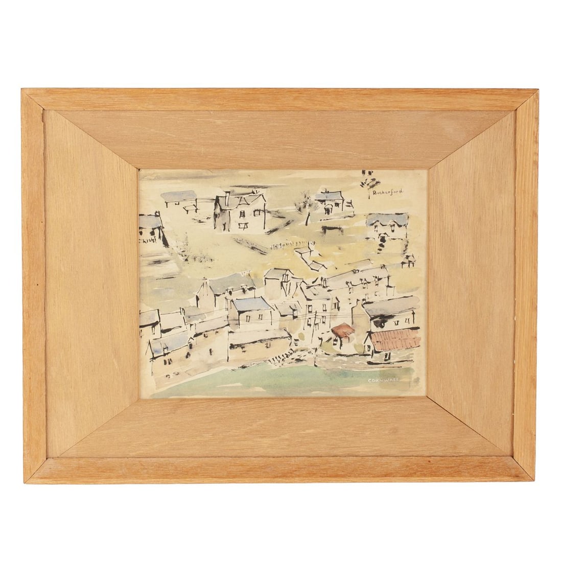 Hazel Guggenheim McKinley "Cornwall by Rutherford": Hazel Guggenheim McKinley (New York/Louisiana 1903-1995) "Cornwall by Rutherford" watercolor and gouache on paper. Village scene from the viewpoint of a waterfront, presumably Cornwall (possibly a ref