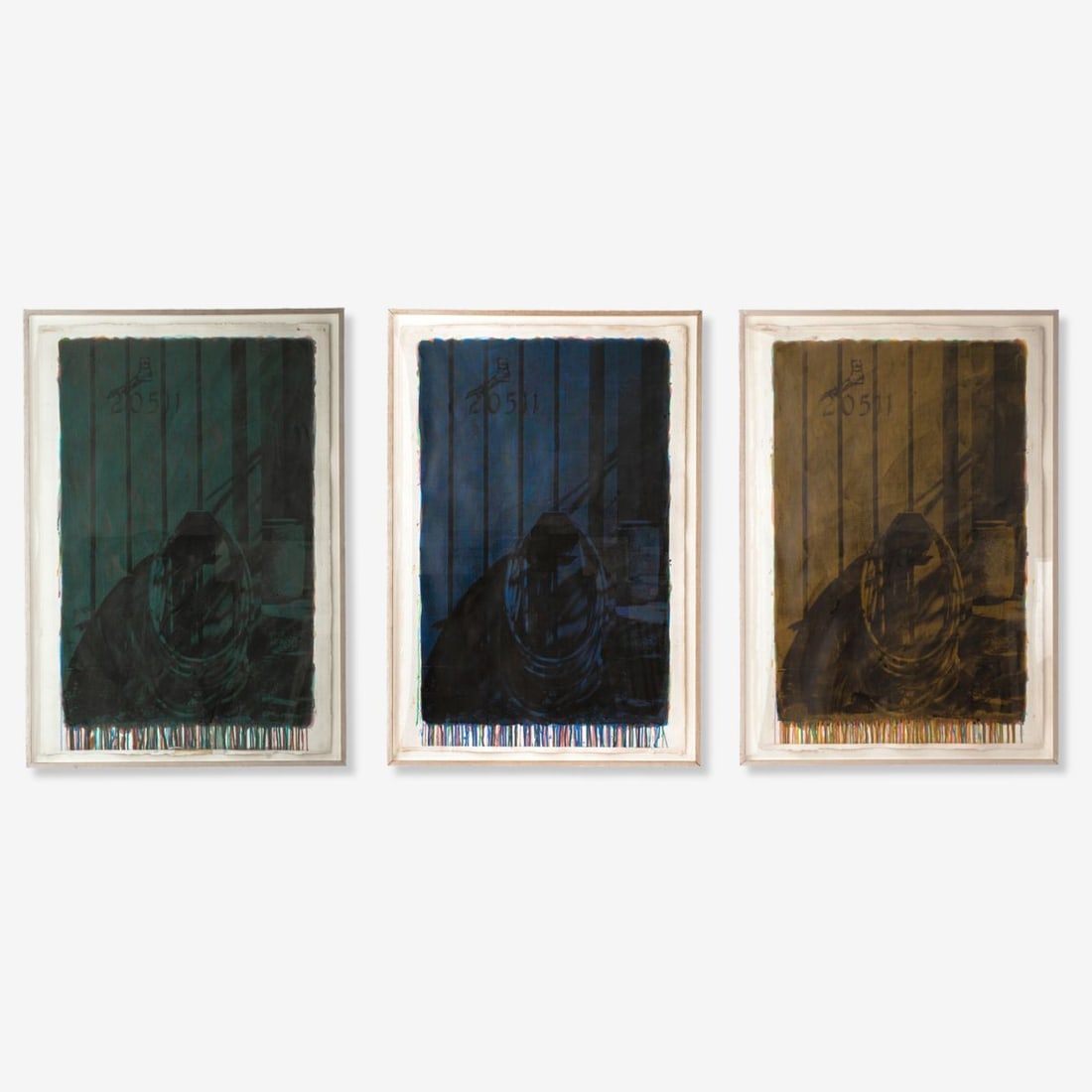 Takatomo Usui "Hoses" Photo Emulsion Triptych: Takatomo Usui (20th/21st Century, Japan) "Hoses" photo emulsion, acrylic and graphite triptych on paper. Unsigned. Each sheet in float whitewashed mahogany wood frame under plexi. Some rippling to