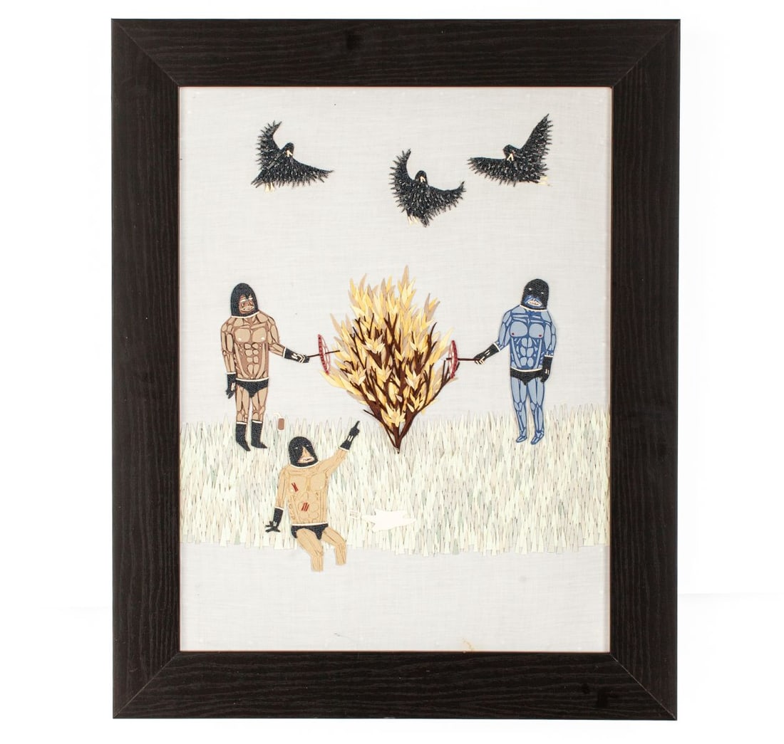 Nate Steigenga (WA) "Act II: Scene I" Artwork: Nate Steigenga (Washington) "Act II: Scene I" Mixed Media Collage Artwork, 2013. Constructed from scraps of drawer liner, pillow, and bed sheets in painted wood frame. Davidson Galleries (Seattle) lab