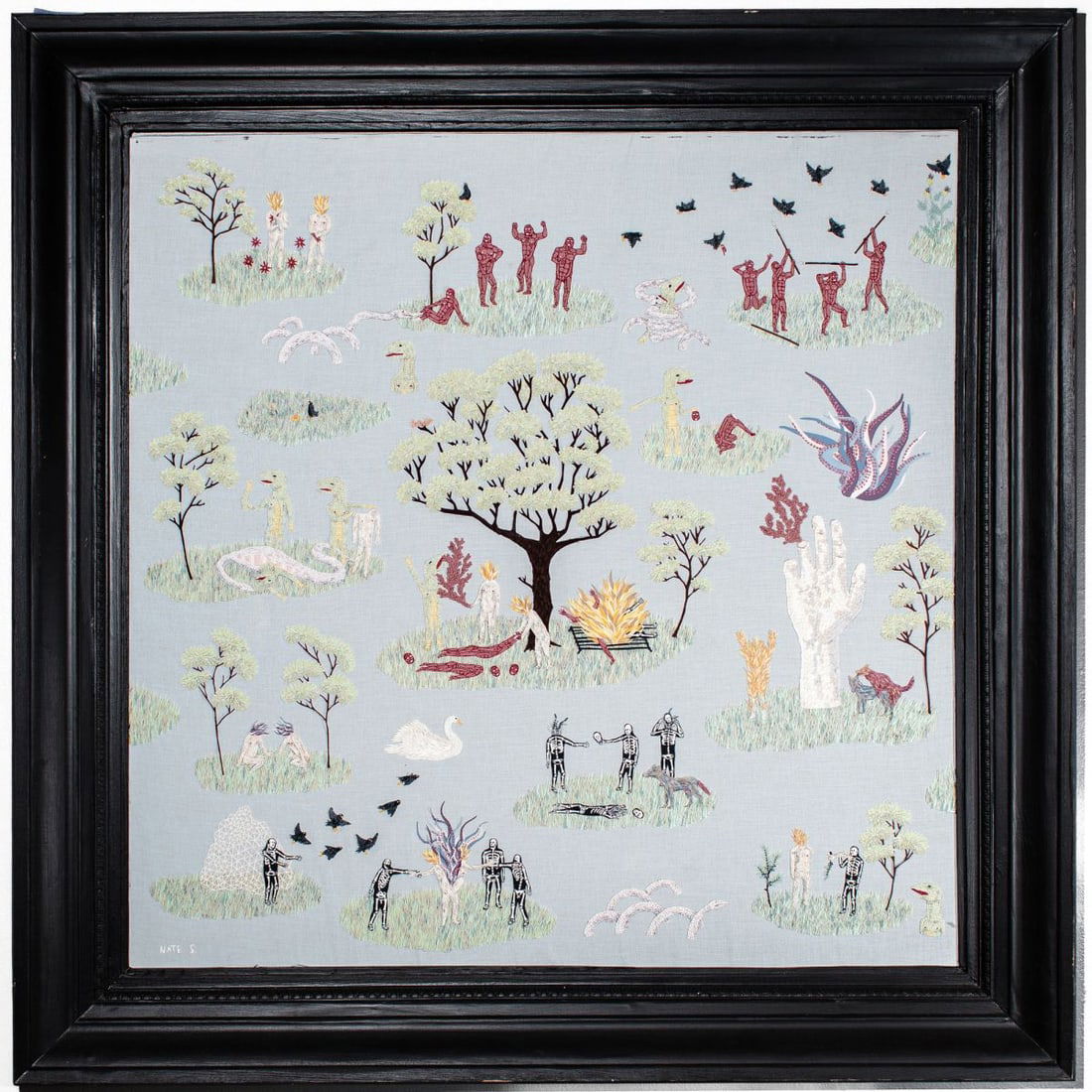 Nate Steigenga (WA) Untitled Mixed Media Artwork: Nate Steigenga (Washington) Mixed Media Collaged Artwork, 2013. Constructed from scraps of drawer liner, pillow and bed sheets. Signed at lower left. Exhibited at The Bellevue Arts Museum in “Tellin