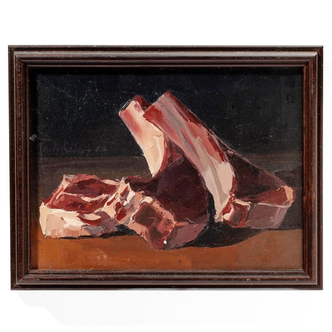 Jarvis Wilcox "Tomahawk Steaks" Oil on Canvas: Jarvis Wilcox (b.1942 Texas) "Tomahawk Steaks" Oil on Canvas, 1965. Signed and dated middle left side. Canvas measures 9x12"; framed with overall size 10.75x13.75". Paint flake missing at center botto