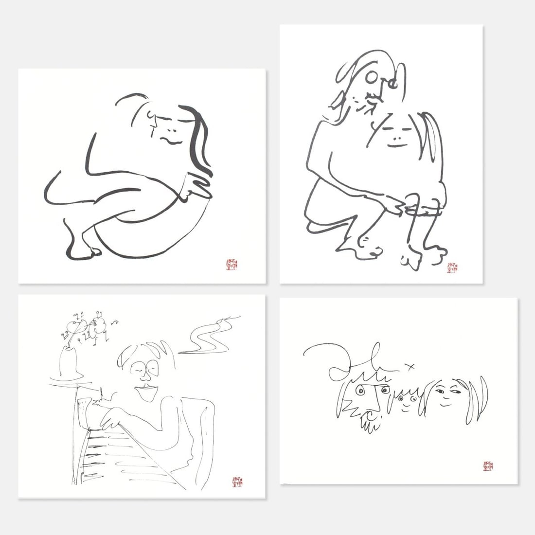 John Lennon Serigraphs / Bag One Arts Set 4: Set of 4 John Lennon "This Is My Story Both Humble and True" Serigraphs. Published by Bag One Arts, late 1980's. All prints are editioned 909/5000. Includes "The Hug", "The Family", "Borrowed Time", a