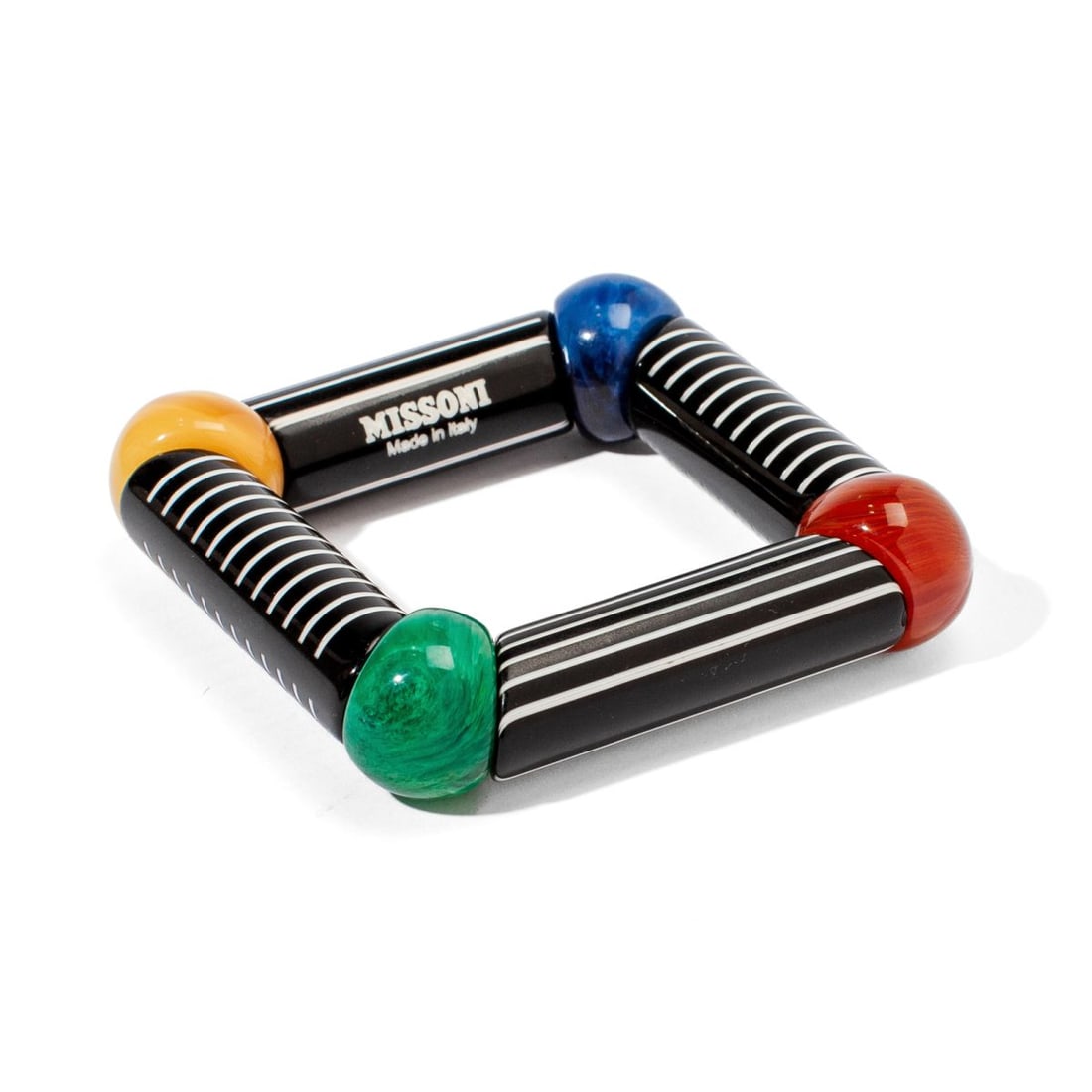 1980s Missoni Italy Post Modern Bracelet: 1980s Memphis Post Modern style multi-color resin stretch bangle bracelet. Marked MISSONI MADE IN ITALY. Excellent condition. 3" x 3".