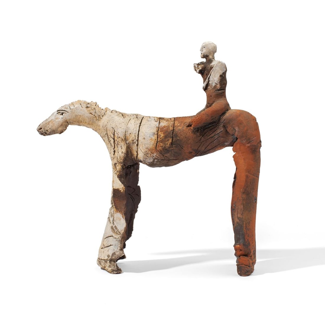 Mike Moran (WA) "Horse & Rider" Ceramic Sculpture: Mike Moran (Washington / Seattle) "Horse & Rider" ceramic sculpture. Modeled in the round with incised textures, skull and details to figures. With applied offwhite, rust and black glazes. 