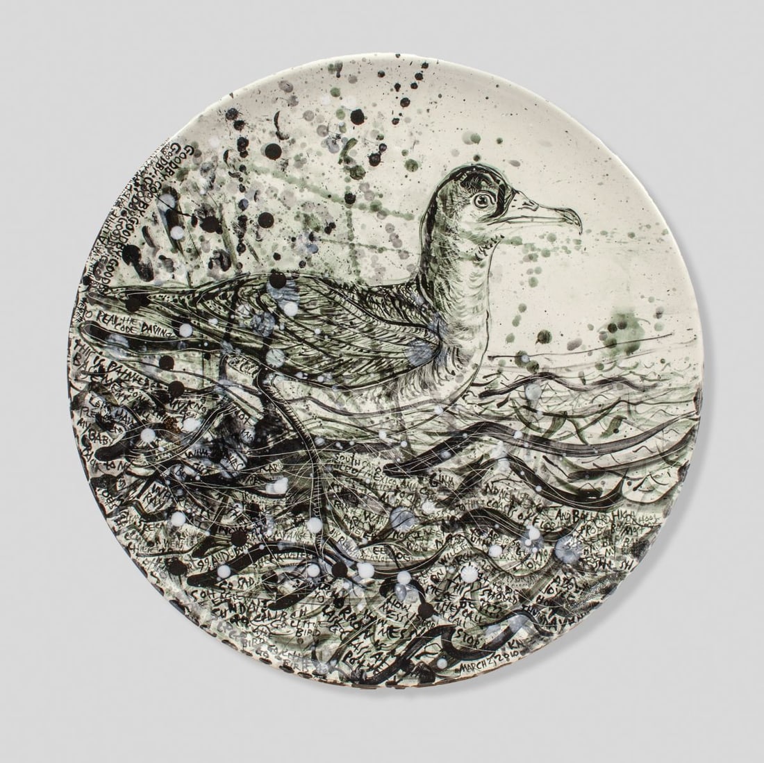 Dick Weiss (WA) "Goodby" Large Ceramic Charger: Dick Weiss (b. 1946 Washington) "Goodby" large ceramic charger depicting seagull, waves and painted text against splashes of glaze, the reverse with text referencing Pottery Northwest. Signed and