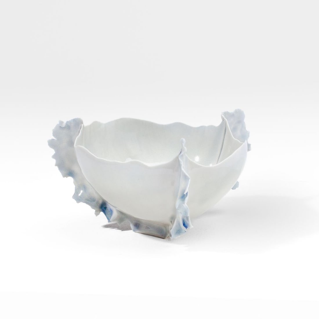 Eggshell Art Pottery "Flower Cup" Artist Signed: Artist-signed eggshell porcelain cup in the form of a blue flower with ruffled edge; signed "d. Spawer" to base. In very good condition. 3.5" H x 4" D.