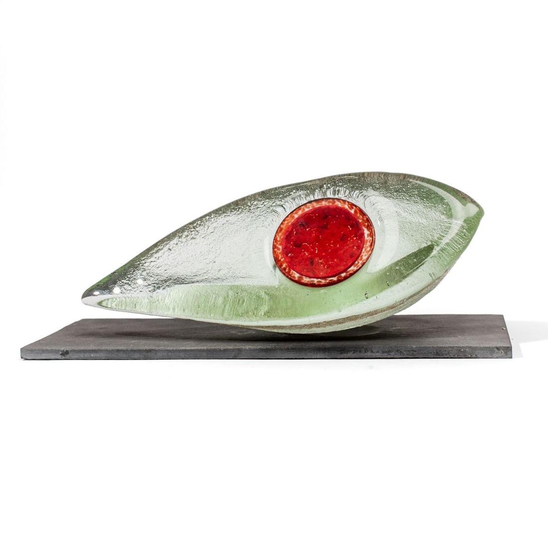 Lisbeth Biger "Borrowed Time" Glass Sculpture: Lisbeth Biger (Denmark / Israel) "Borrowed Time" kiln-formed fused glass sculpture on black stone slab base. No apparent artist's signature; assumed to be produced during Biger's time attending Pilchu